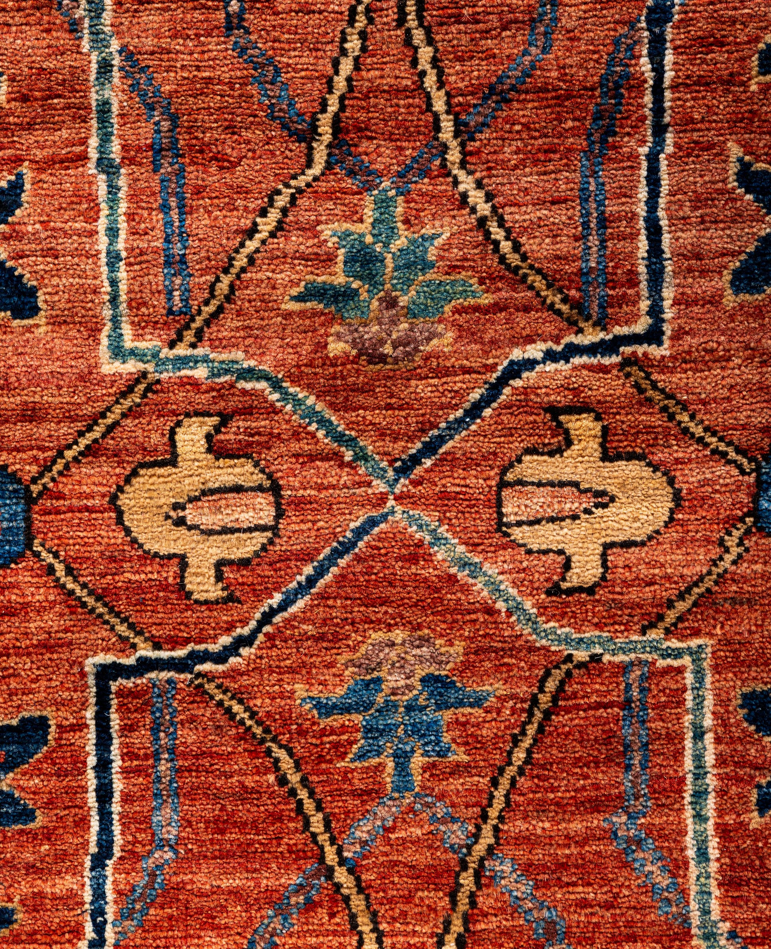 Traditioneller handgeknüpfter roter Serapi-Wollteppich mit Stammesmotiven aus Serapi 3' 3