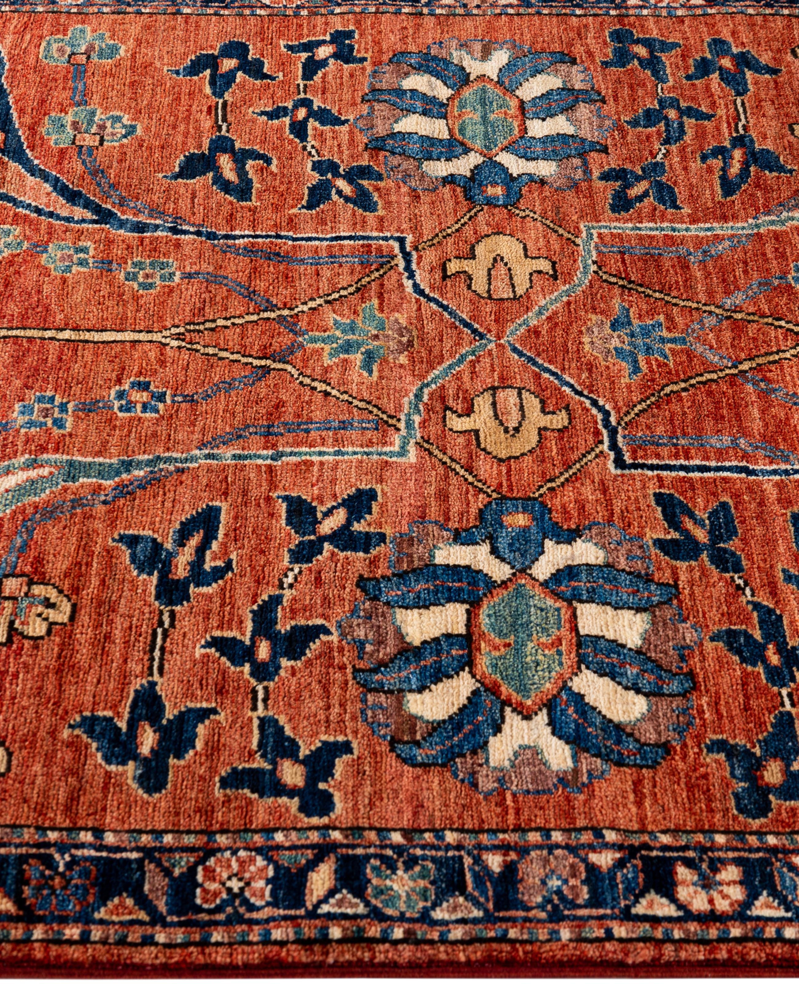 Traditioneller handgeknüpfter roter Serapi-Wollteppich mit Stammesmotiven aus Serapi 3' 3