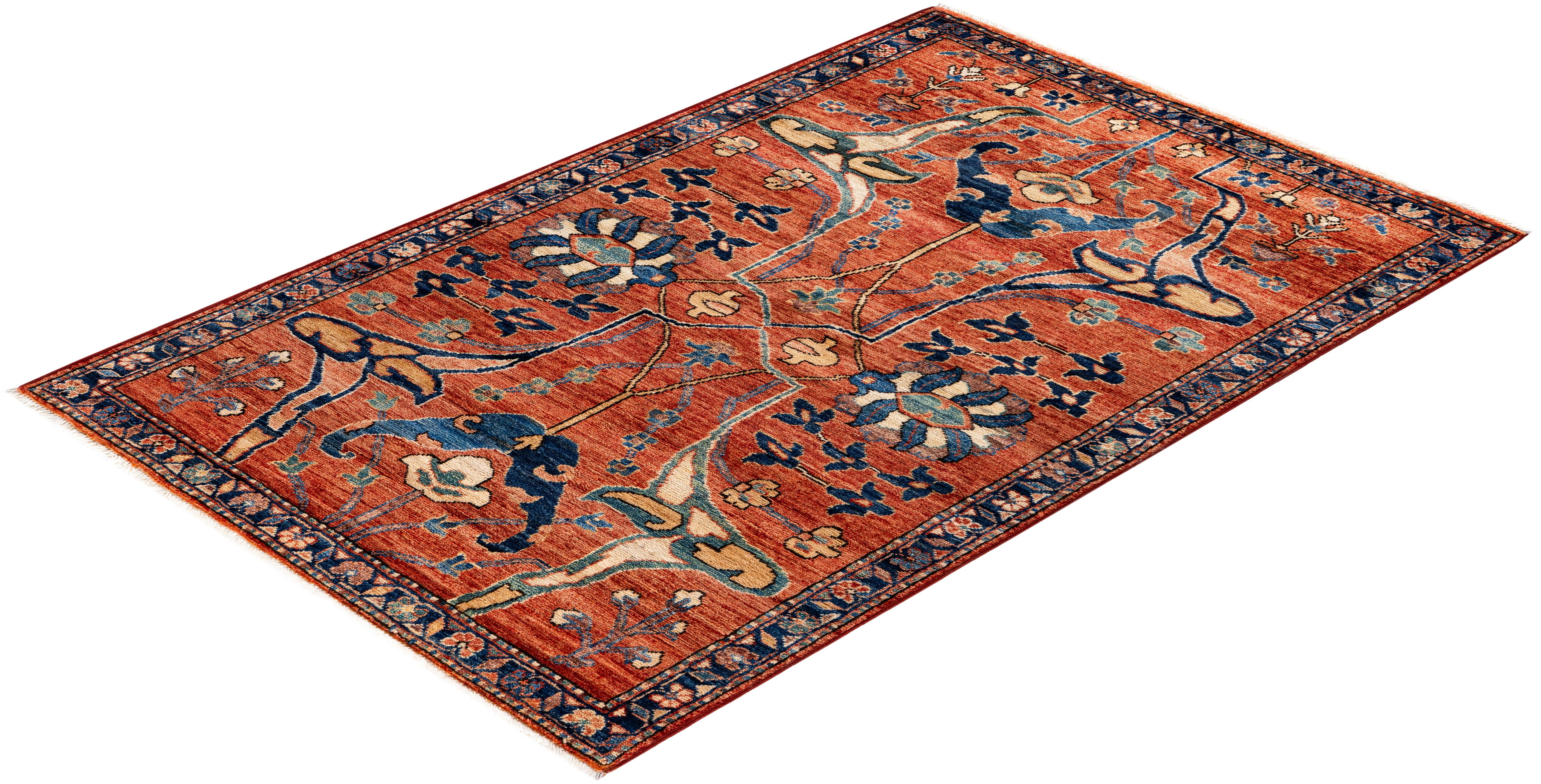 Traditioneller handgeknüpfter roter Serapi-Wollteppich mit Stammesmotiven aus Serapi 3' 3