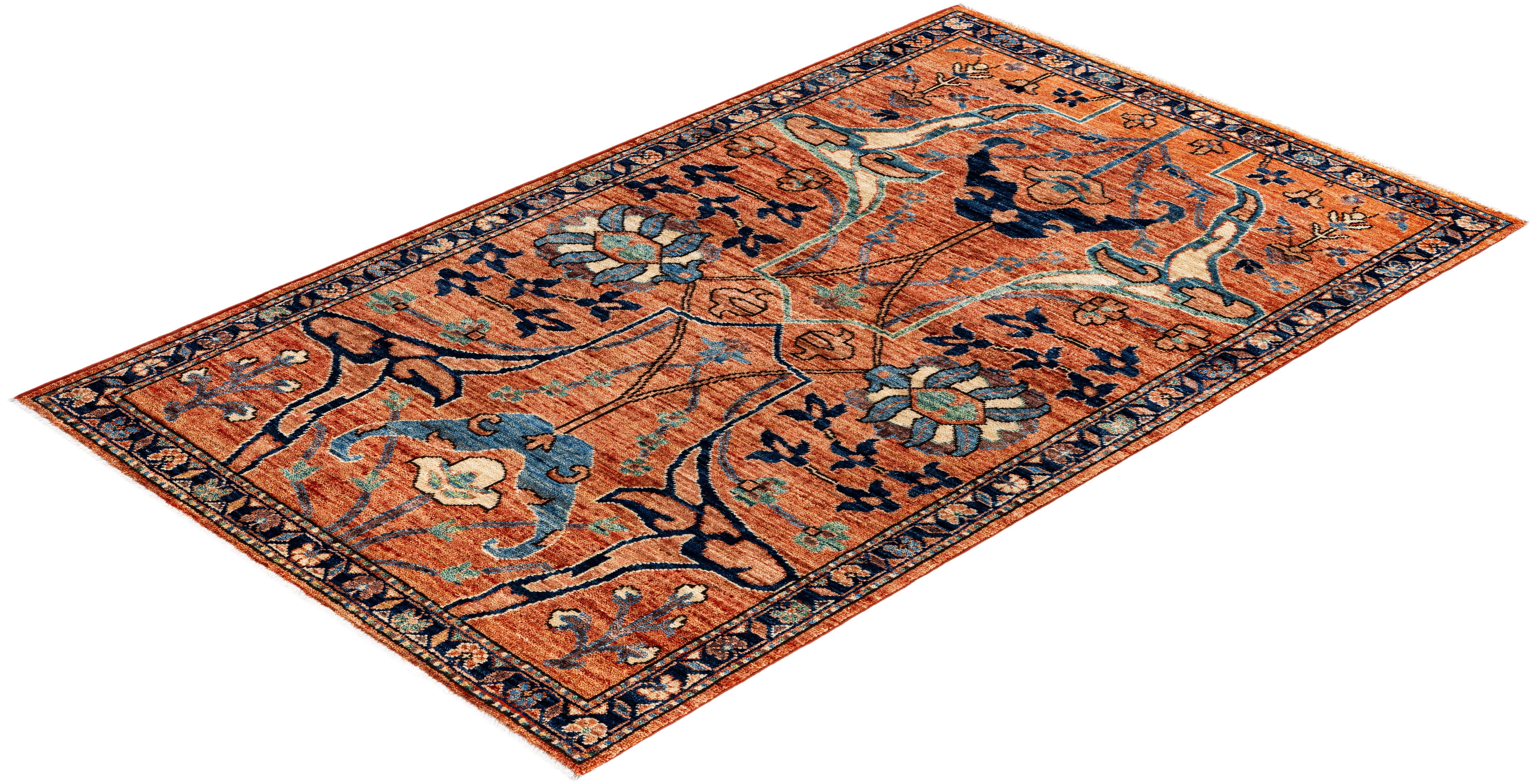Traditioneller handgeknüpfter roter Serapi-Wollteppich mit Stammesmotiven aus Serapi 3' 3