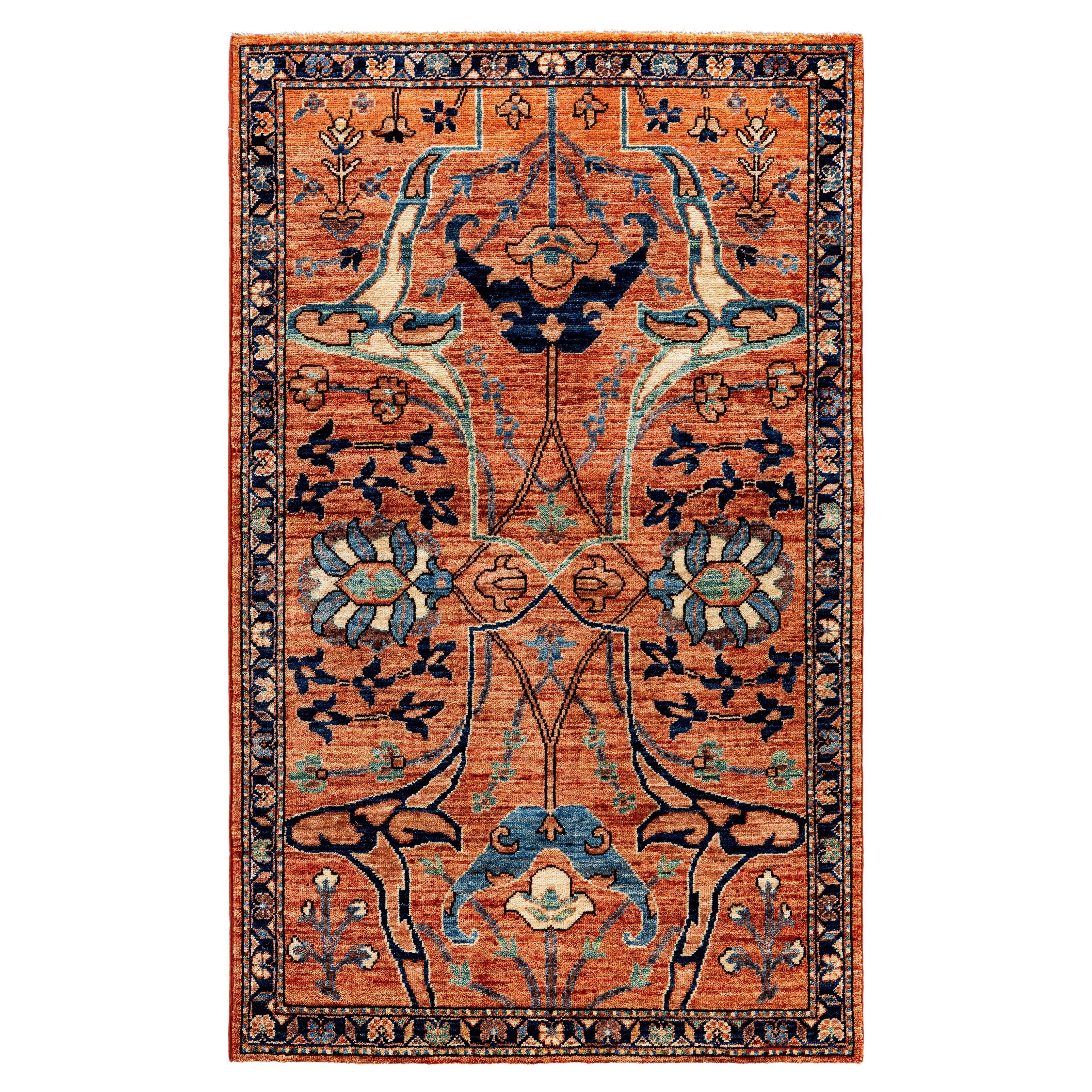 Traditioneller handgeknüpfter roter Serapi-Wollteppich mit Stammesmotiven aus Serapi 3' 3" x 5' 2"