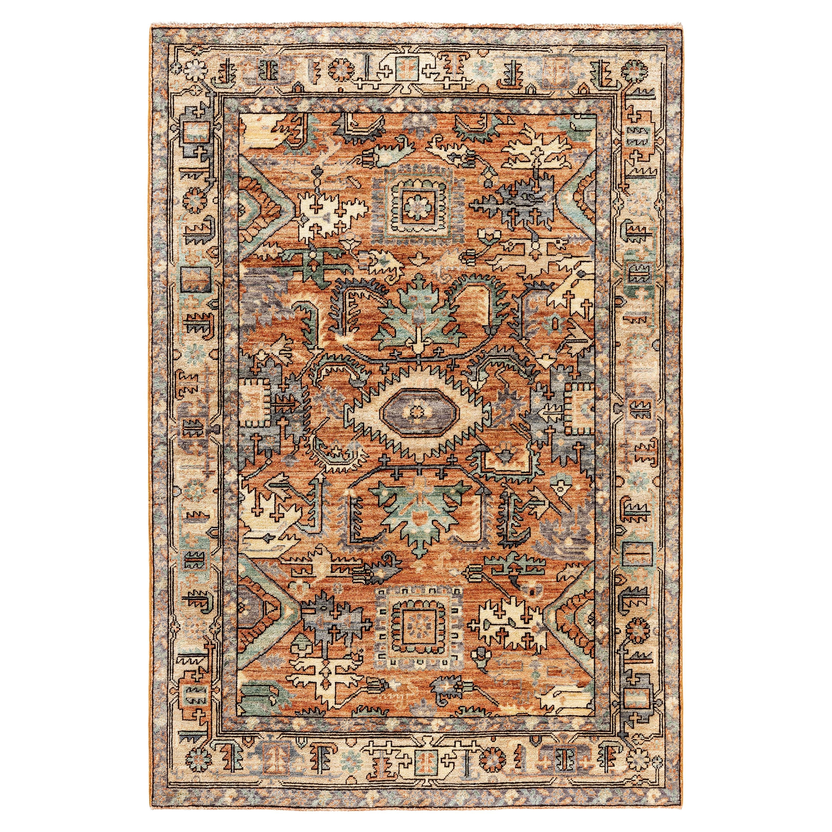 Tapis traditionnel tribal Serapi rouge noué à la main 4' 3" x 6' 2"