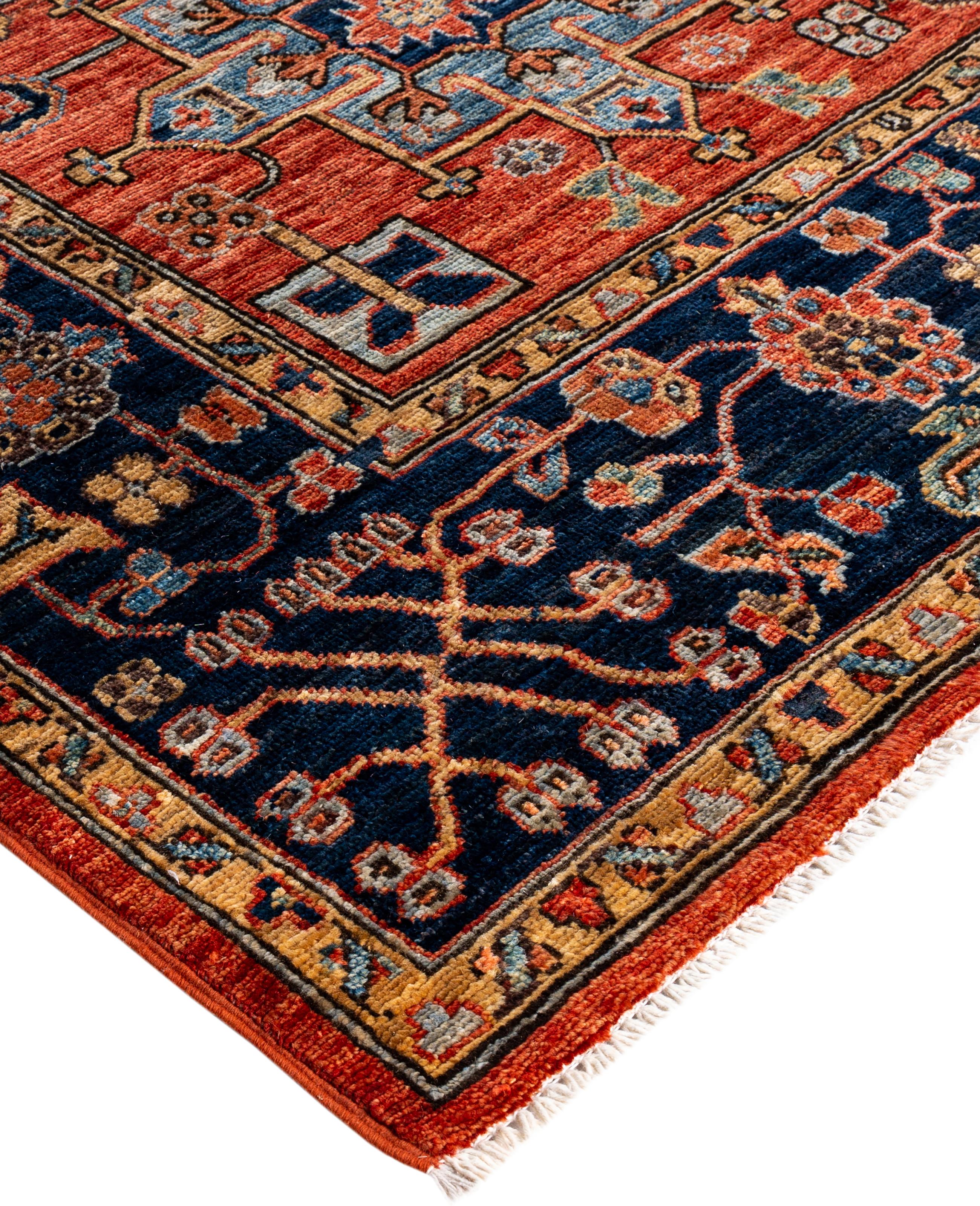 Serapi rugs are known for their bold, geometric designs and rich colors, often featuring a central medallion surrounded by intricate patterns. They typically use a warm, earthy color palette with deep reds, blues, ivory, and occasional greens. The