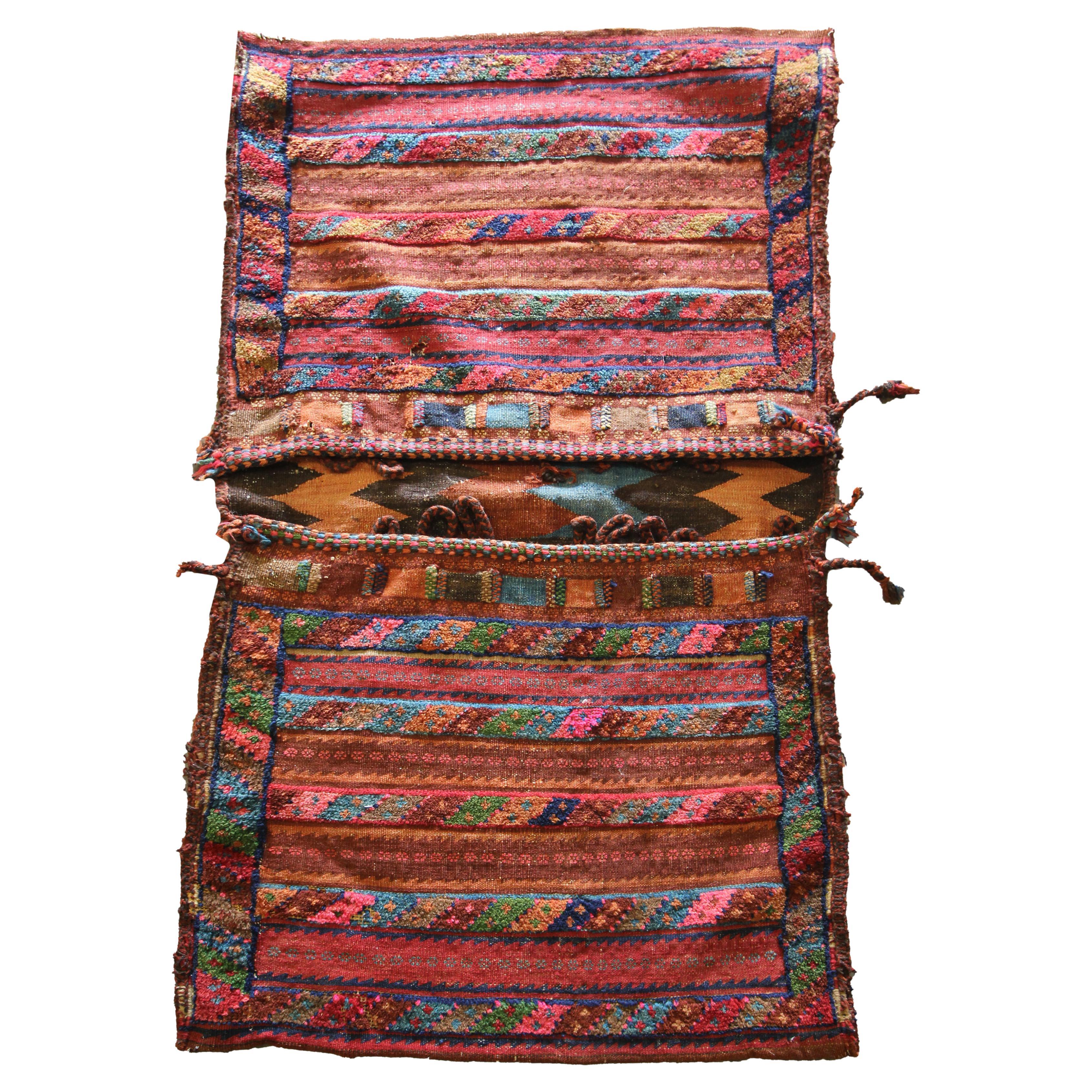 Traditional Tribal Rug Textile Handwoven Antique Oriental Wool Saddle Bag For Sale