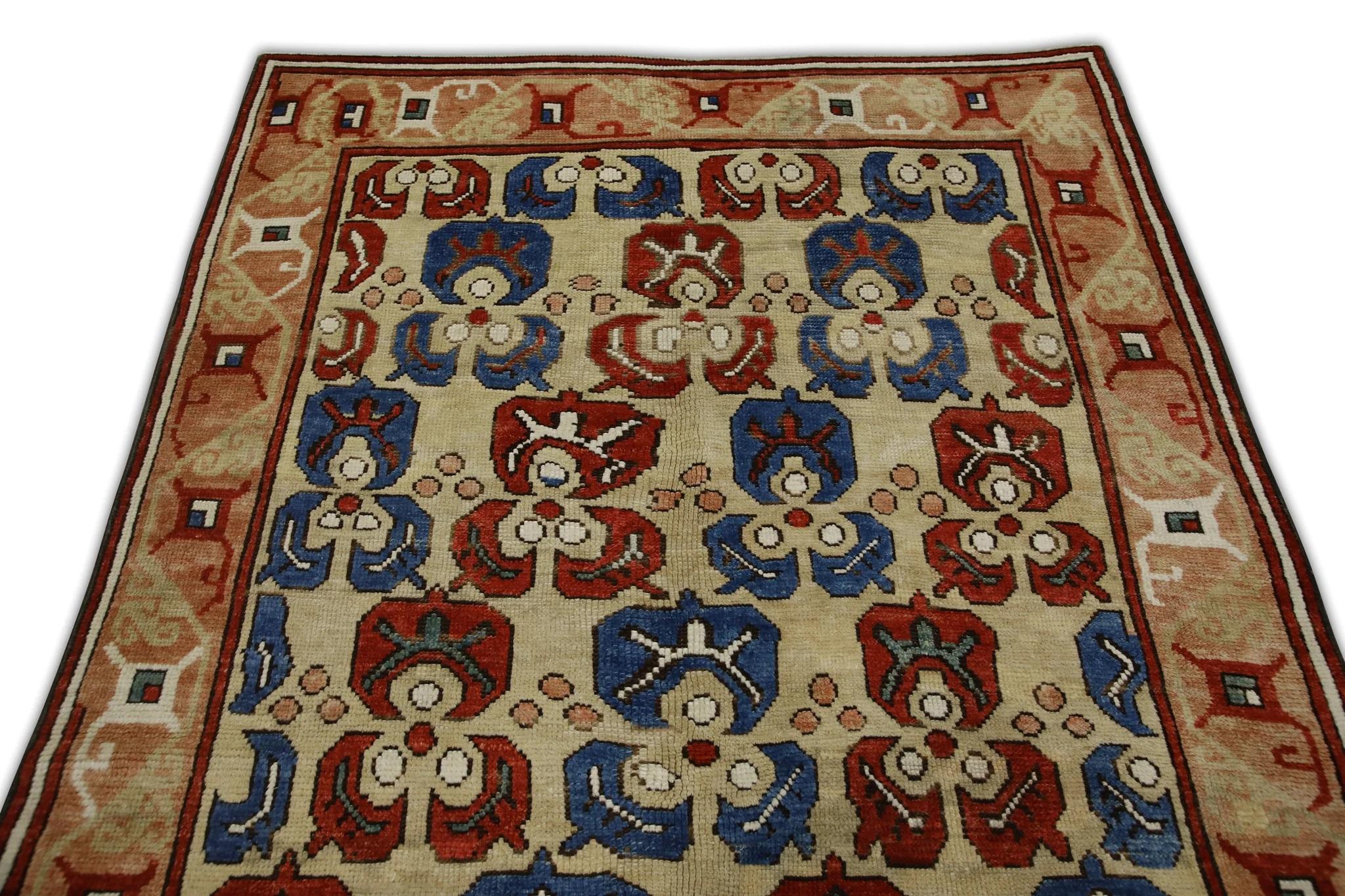 Red & Blue Geometric Vintage Turkish Finewoven Wool Oushak Rug 4'9