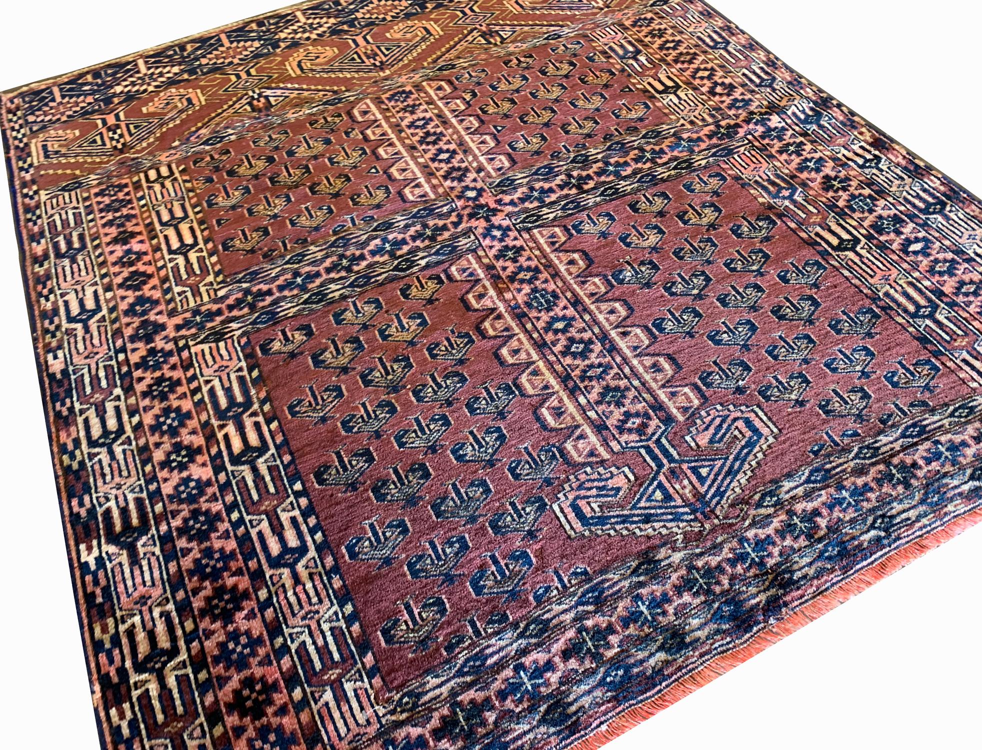 Folk Art Traditional Turkmen Rug, Rust Wool Carpet, Hand-knotted Antique Rug For Sale