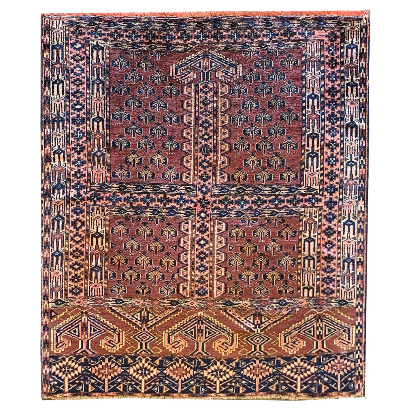 Traditional Turkmen Rug, Rust Wool Carpet, Hand-knotted Antique Rug For Sale
