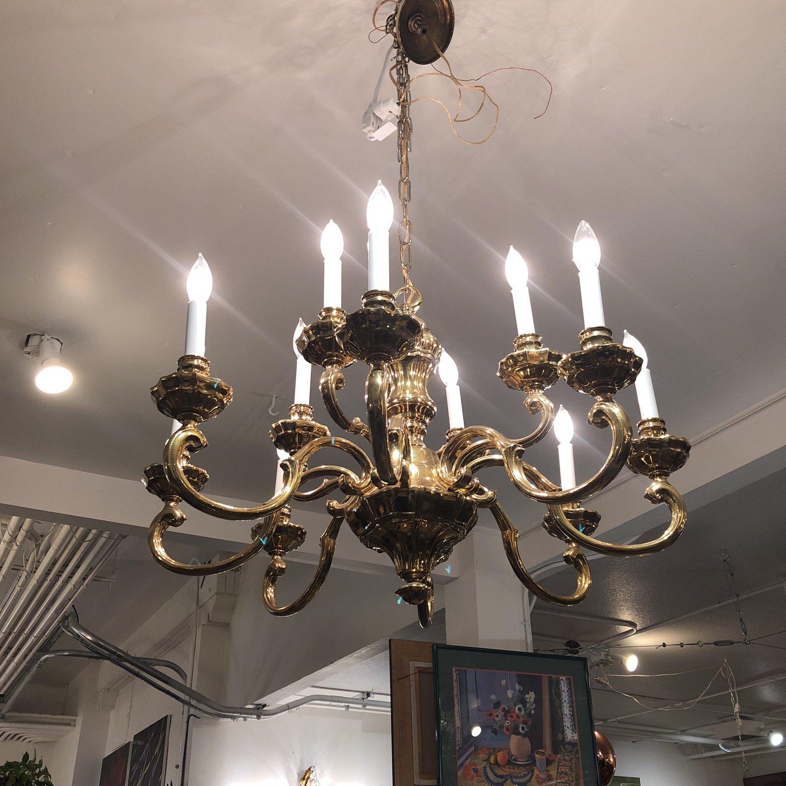 Contemporary Traditional Twelve-Light Brass Chandelier For Sale