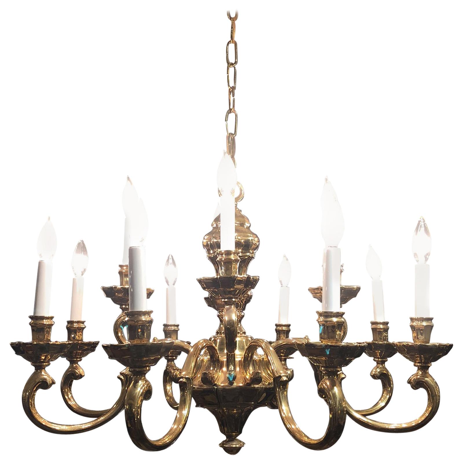 Traditional Twelve-Light Brass Chandelier For Sale