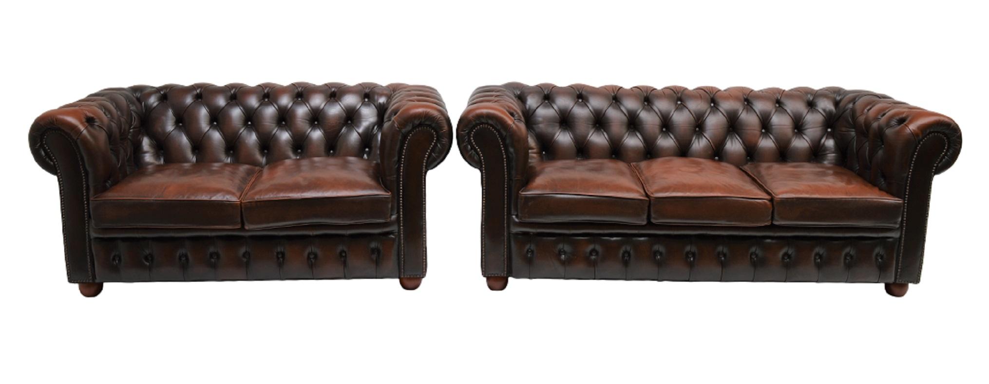 British Traditional Vintage Delta Chesterfield Three and Two/Seat Settee For Sale