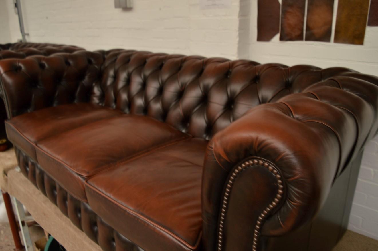 Leather Traditional Vintage Delta Chesterfield Three and Two/Seat Settee For Sale