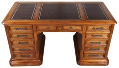 Traditional Vintage Hekman Oak Tooled Leather Top Executive Office Desk
