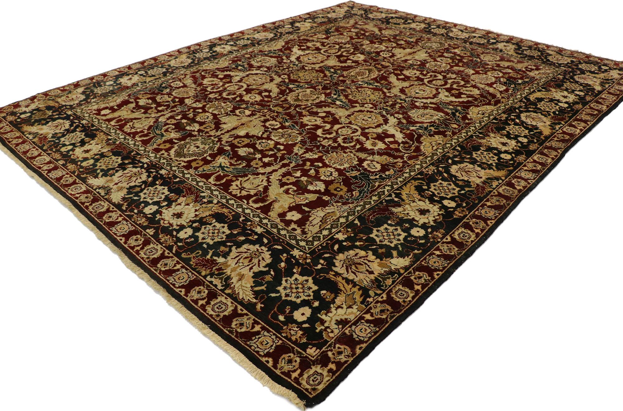 77554 traditional vintage Indian rug with Baroque Damask style. Sure to captivate the most discerning aesthete, this hand knotted wool vintage Indian area rug is the epitome of tradition and Baroque style in one. The rich burgundy wine colored field