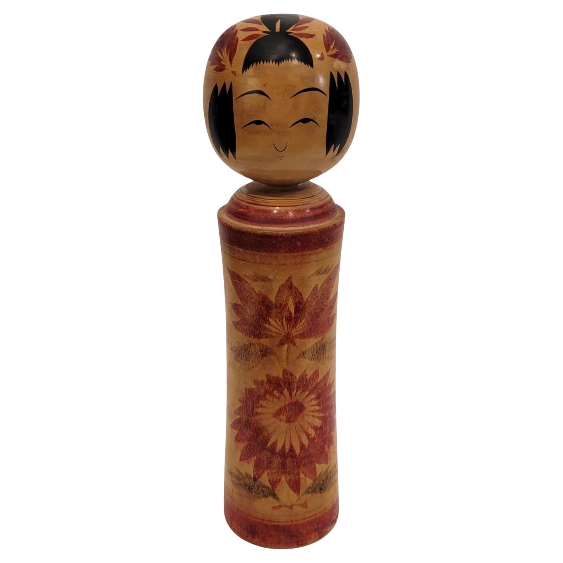 Bambola Kokeshi tradizionale giapponese d'epoca, legno policromo