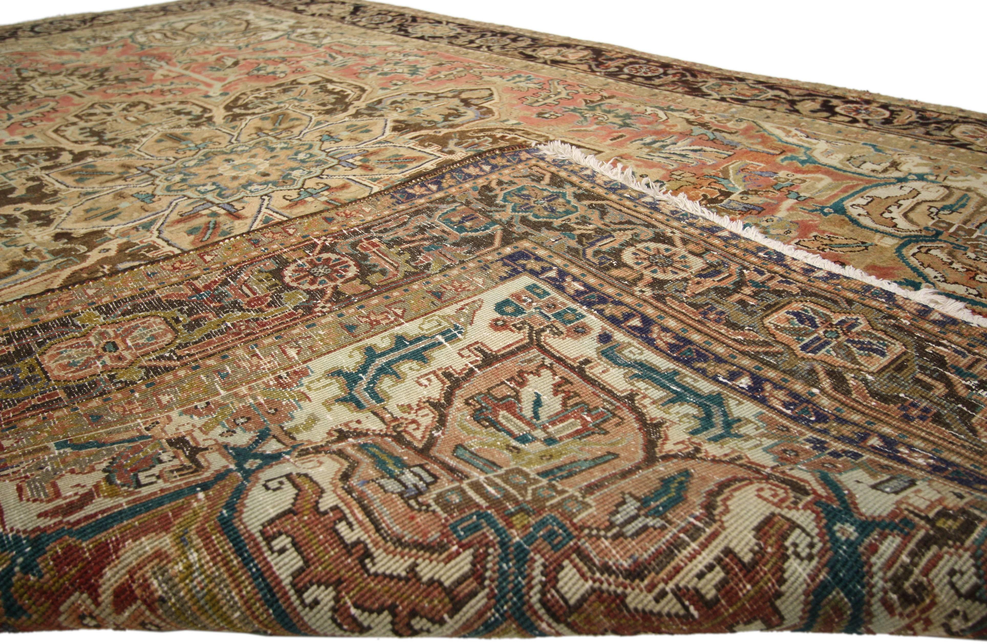 Hand-Knotted Traditional Vintage Persian Heriz Rug with Colonial Revival Style For Sale