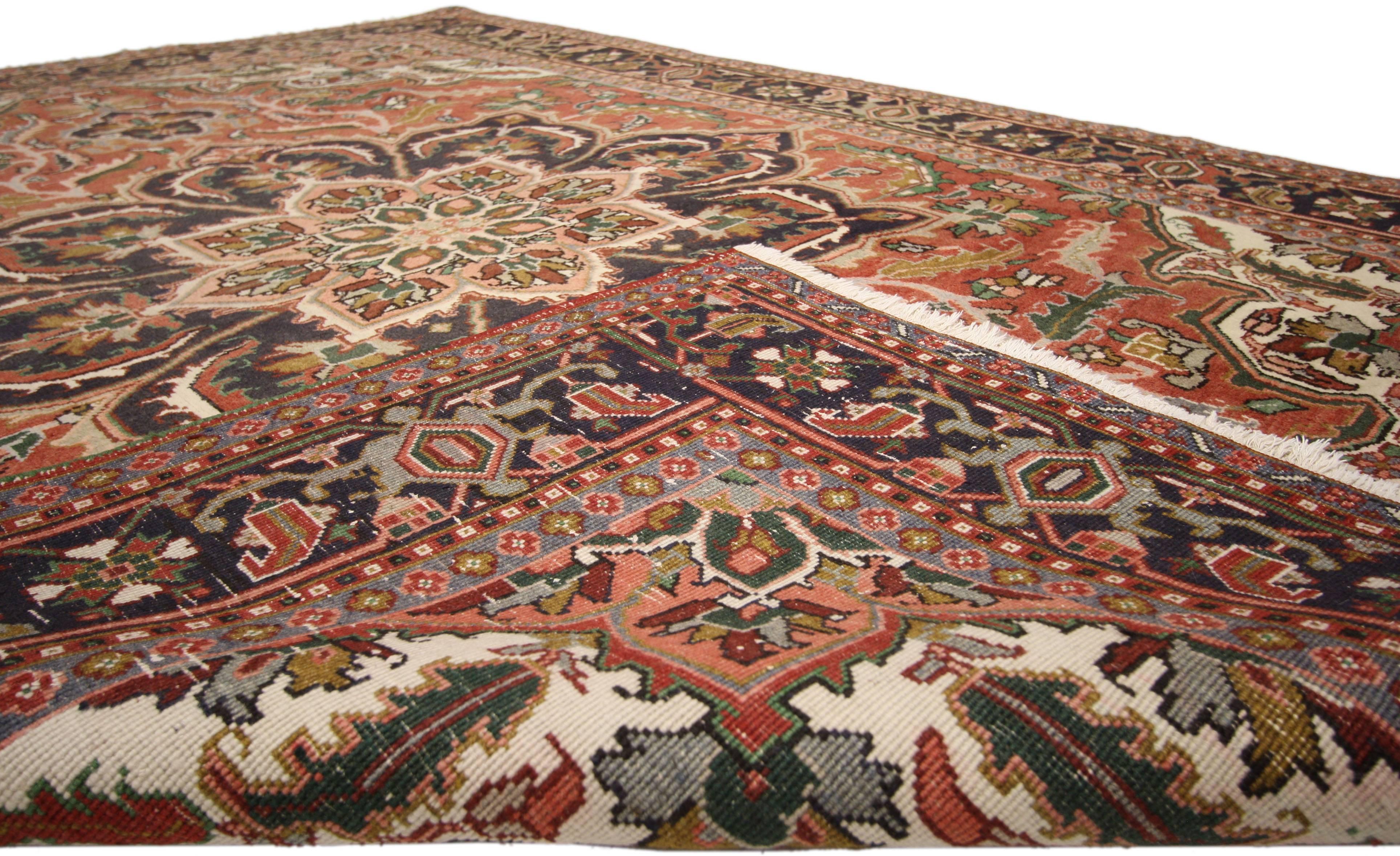 Hand-Knotted Traditional Vintage Persian Heriz Rug with Jacobean Style
