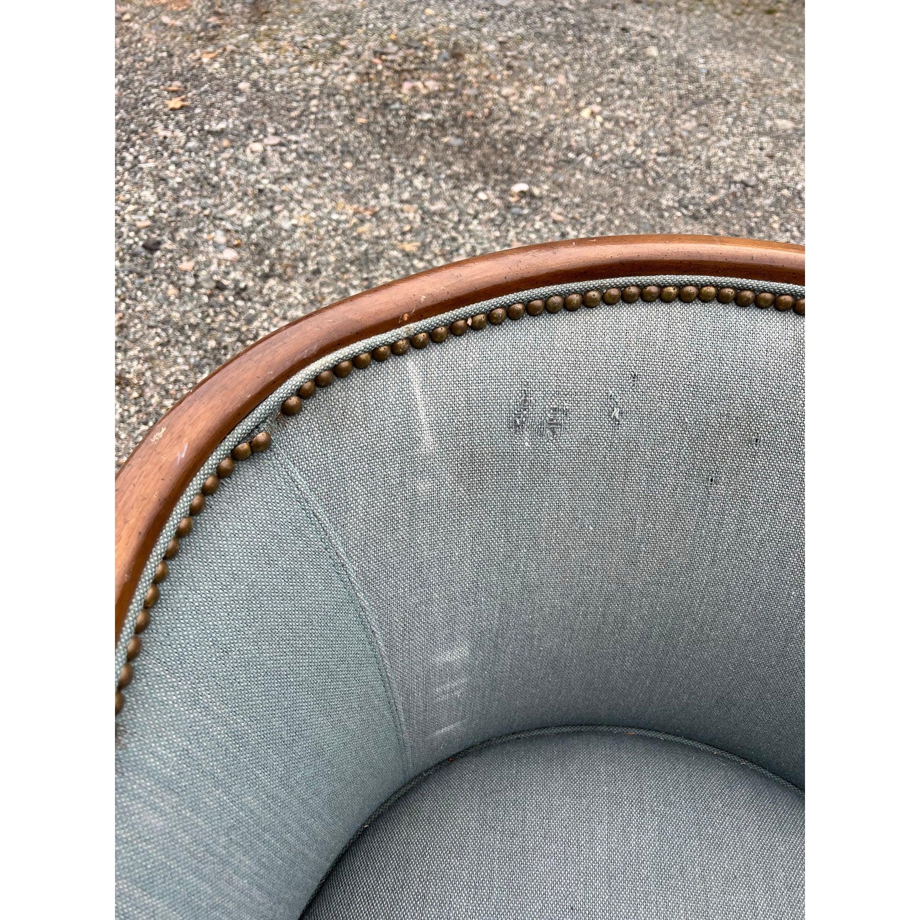 American Traditional Vintage Side or Accent Chair Wood and Brass Rivets in Blue Fabric