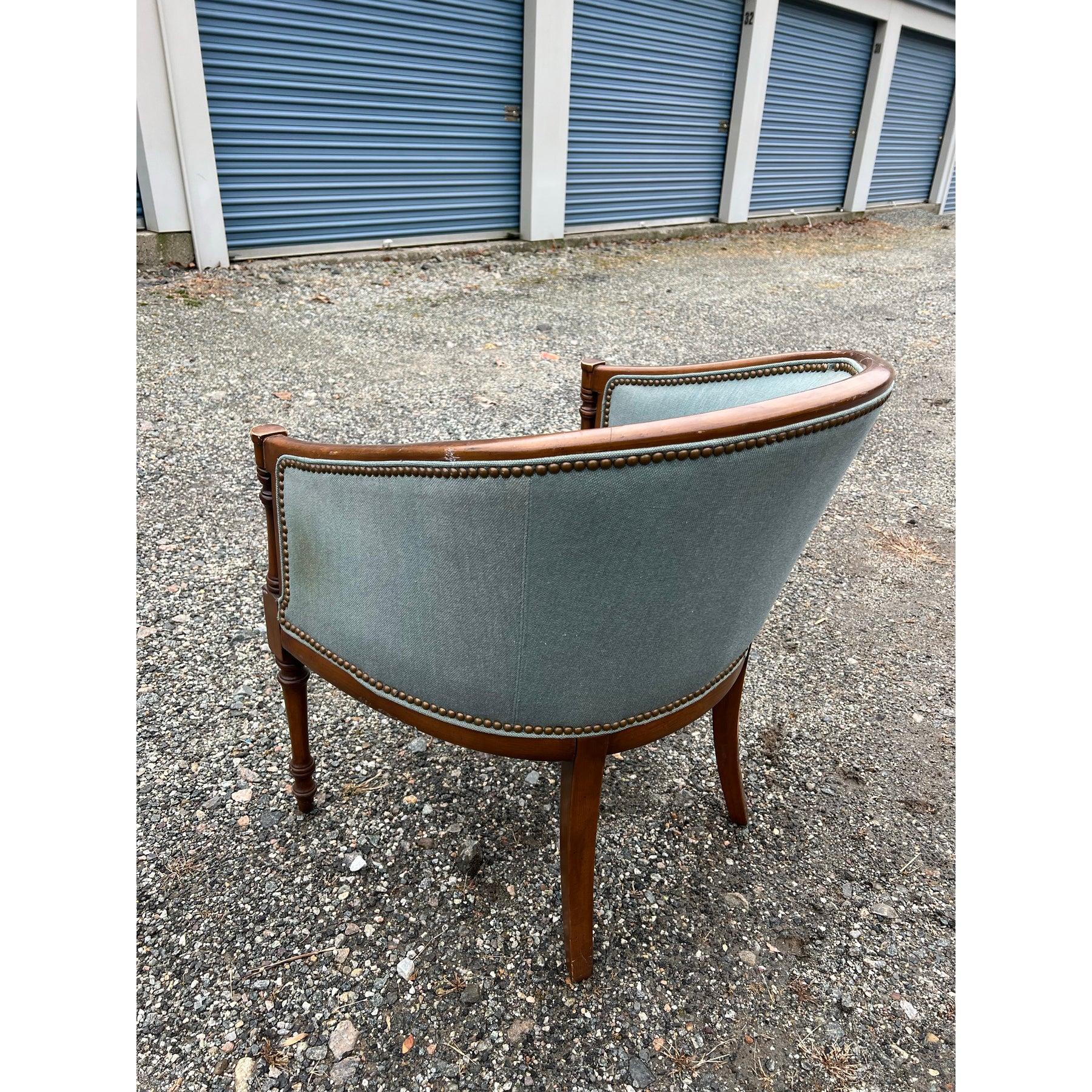 Traditional Vintage Side or Accent Chair Wood and Brass Rivets in Blue Fabric In Good Condition In Saddle River, NJ