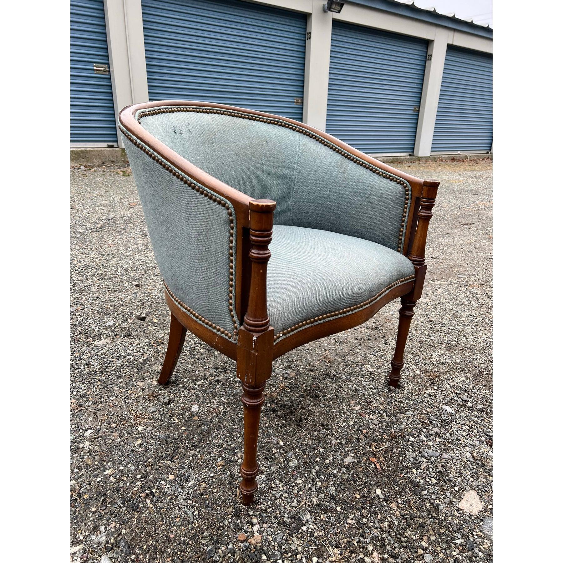 Late 20th Century Traditional Vintage Side or Accent Chair Wood and Brass Rivets in Blue Fabric