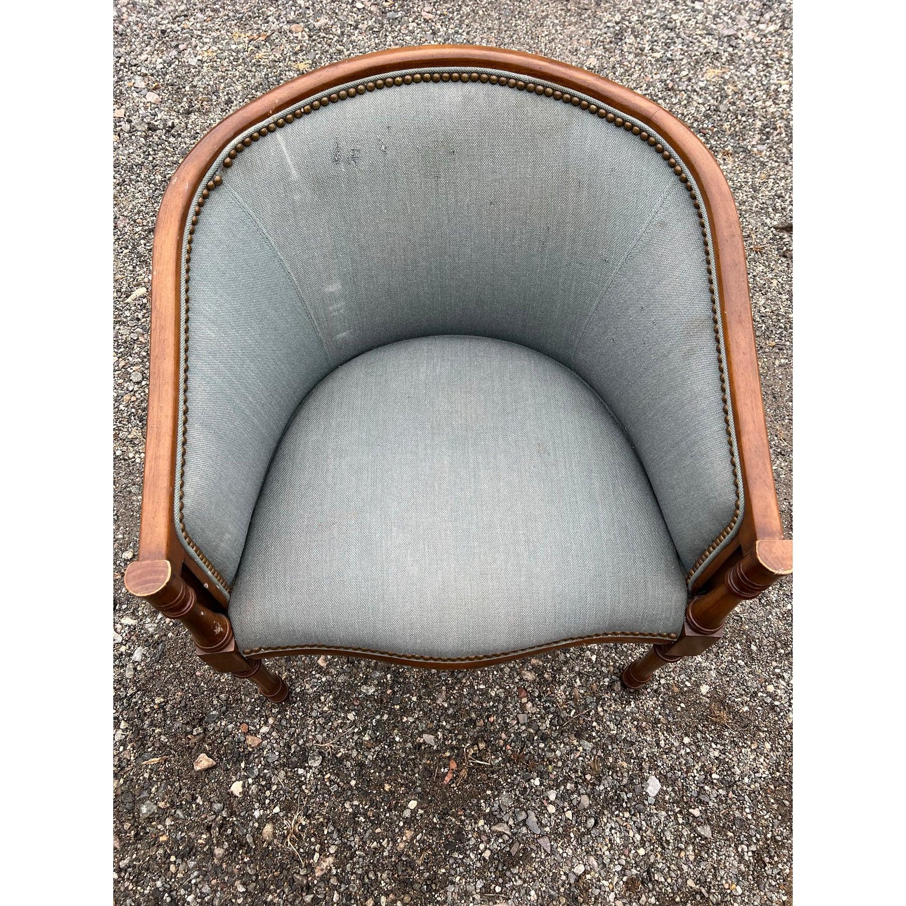 Traditional Vintage Side or Accent Chair Wood and Brass Rivets in Blue Fabric 1