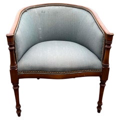 Traditional Vintage Side or Accent Chair Wood and Brass Rivets in Blue Fabric