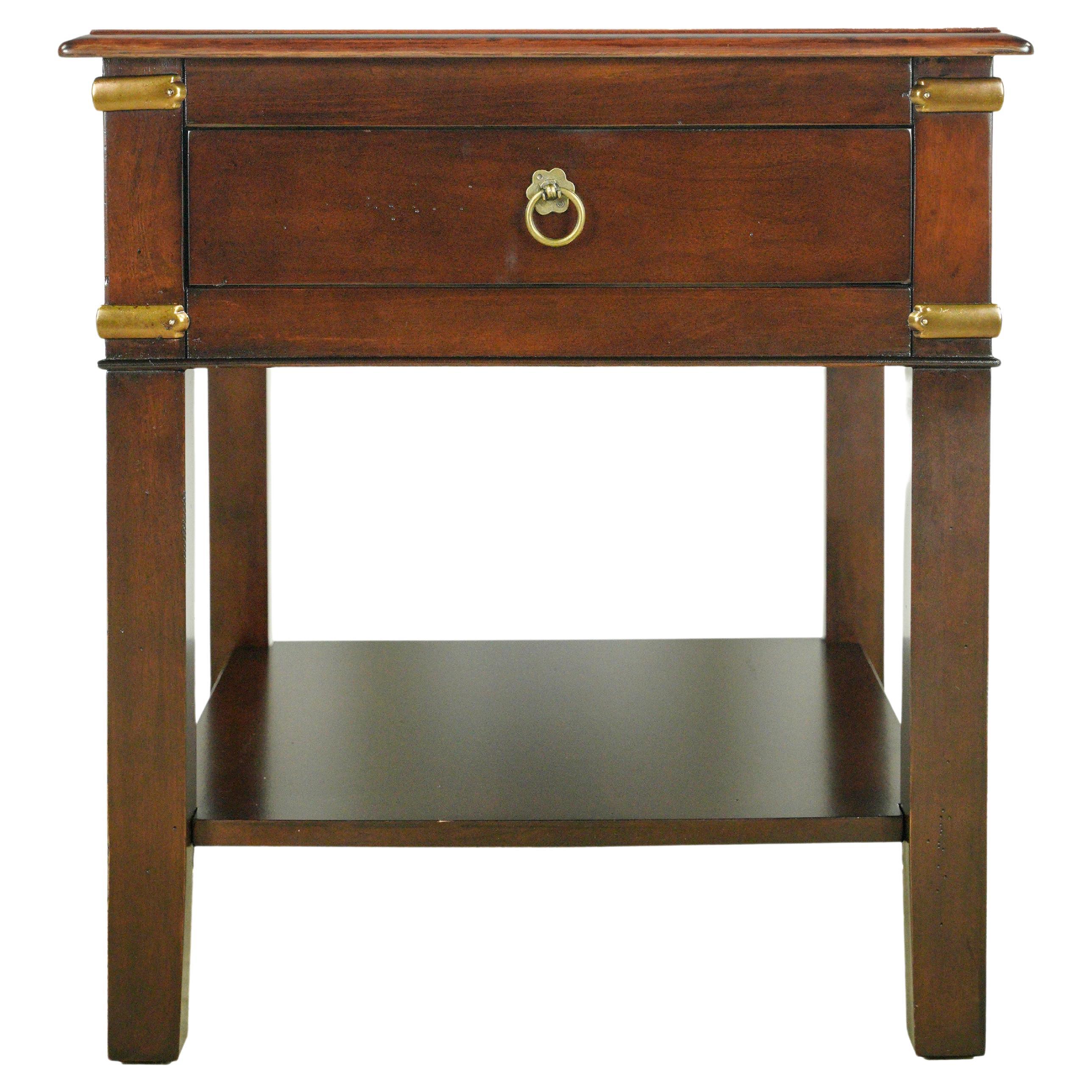 Traditional Walnut Brass Accents 1 Drawer Side End Table For Sale