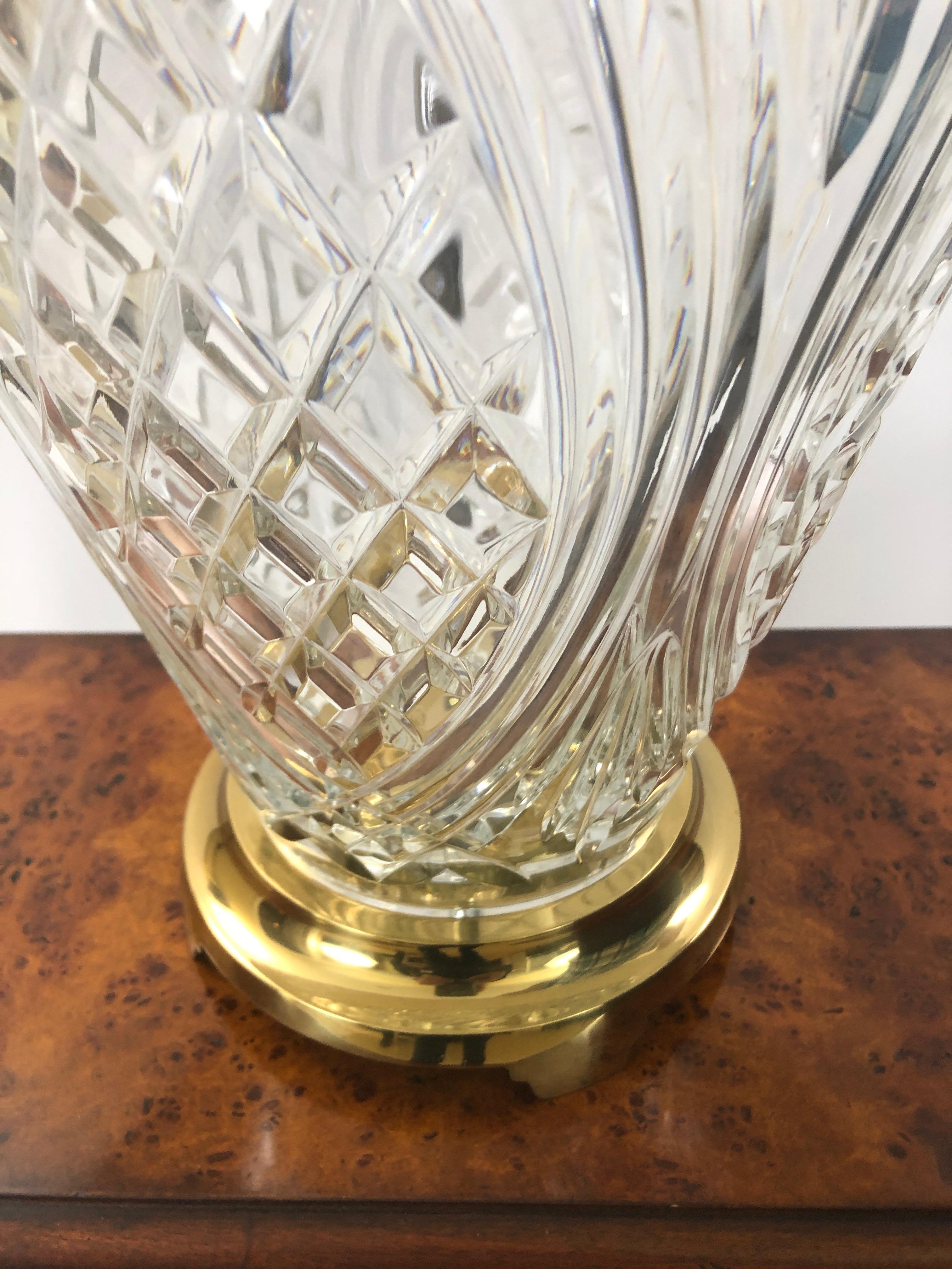 Classically beautiful traditional large crystal table lamp marked Waterford having an impressive pineapple motife base and silk shade. Lamp is 9