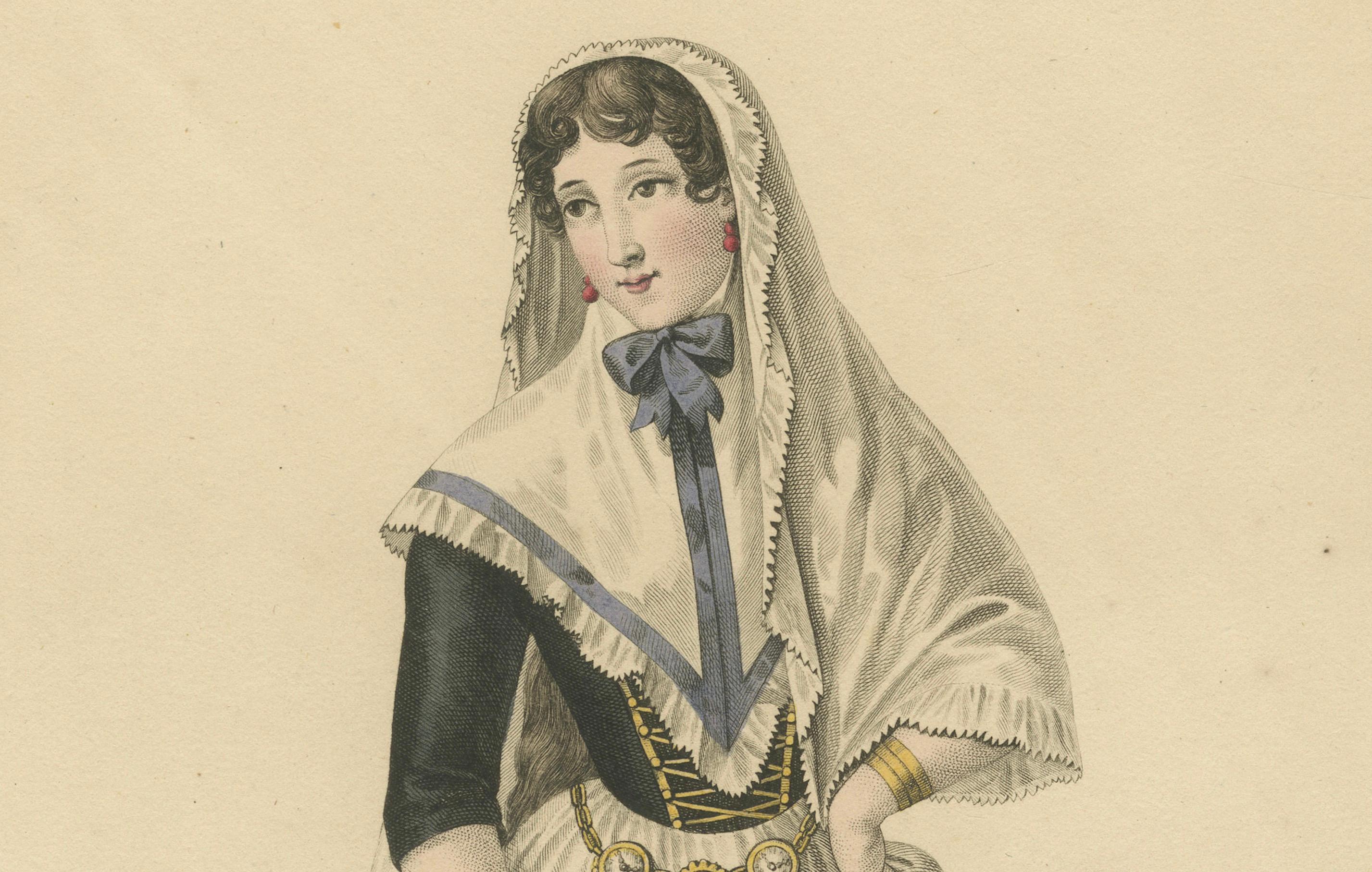 Traditional Woman from Majorca – Hand-Colored Engraving, c.1820