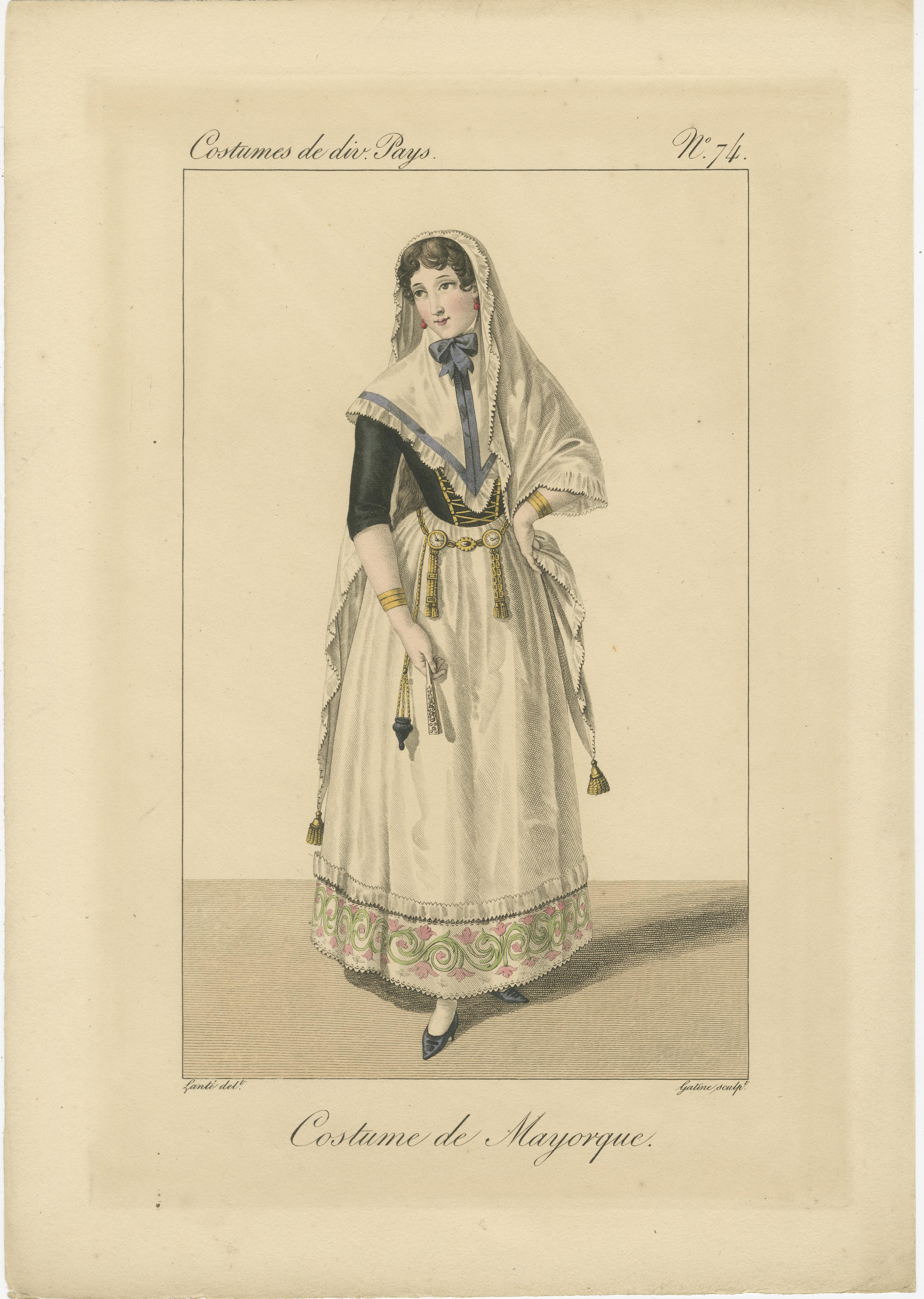 Traditional Woman from Majorca – Hand-Colored Engraving, c.1820