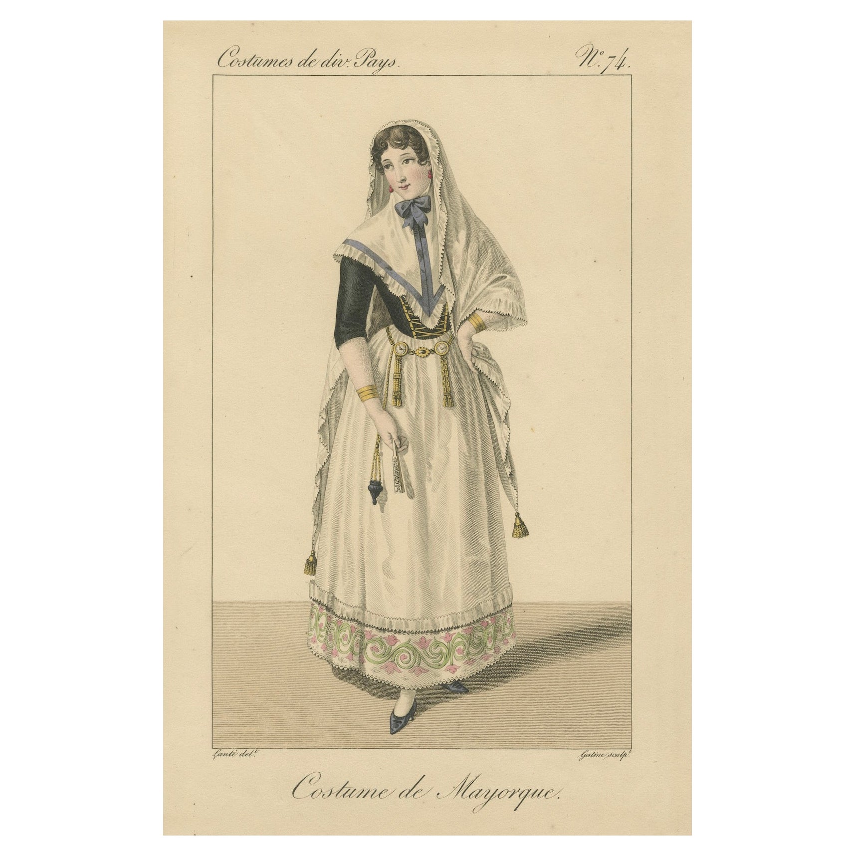 Traditionelle Frau aus Mallorca - Handkolorierter Kupferstich, um 1820