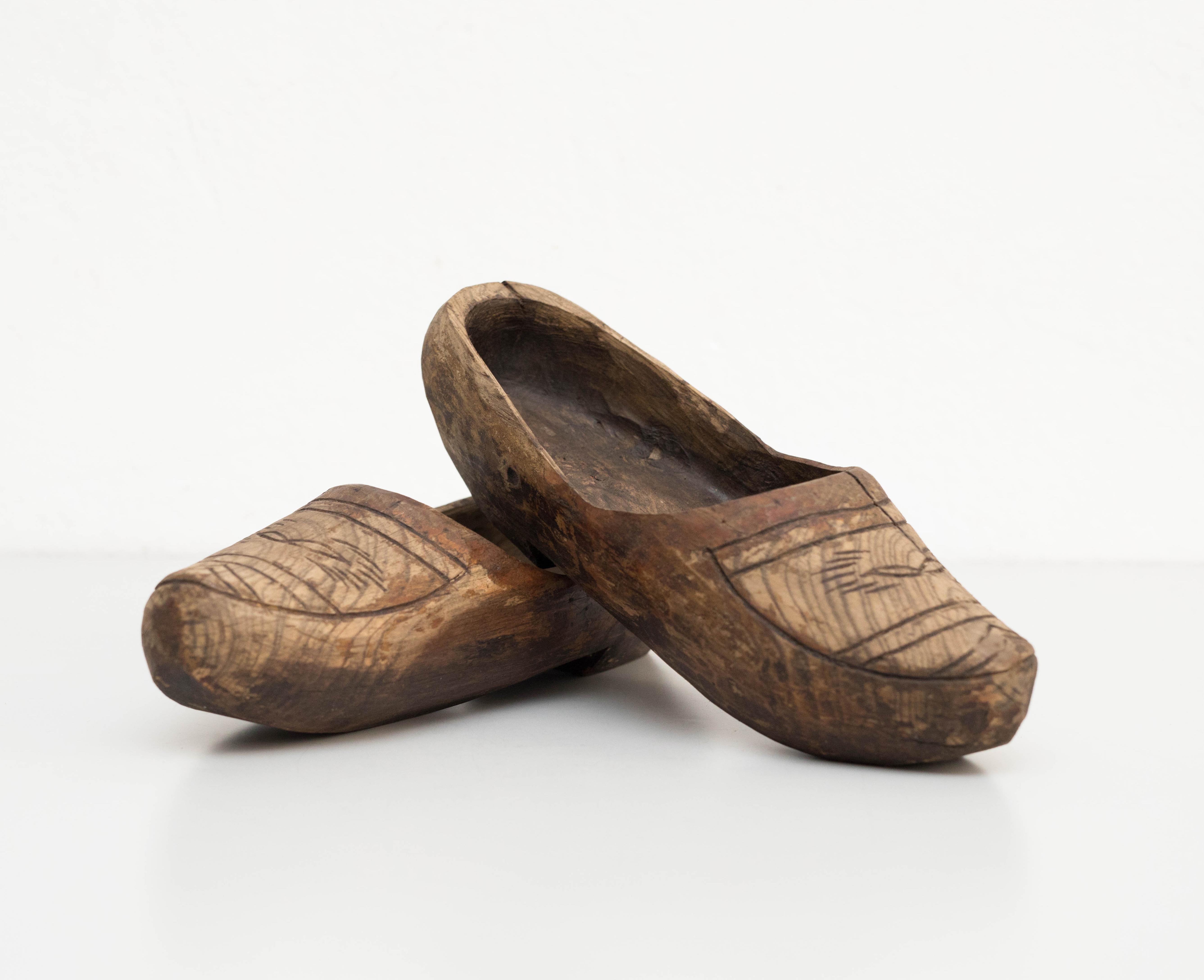 A Traditional Wood Clogs, 1960 Spain.    By unknown artist.    In original condition, with minor wear consistent of age and use, preserving a beautiful patina.