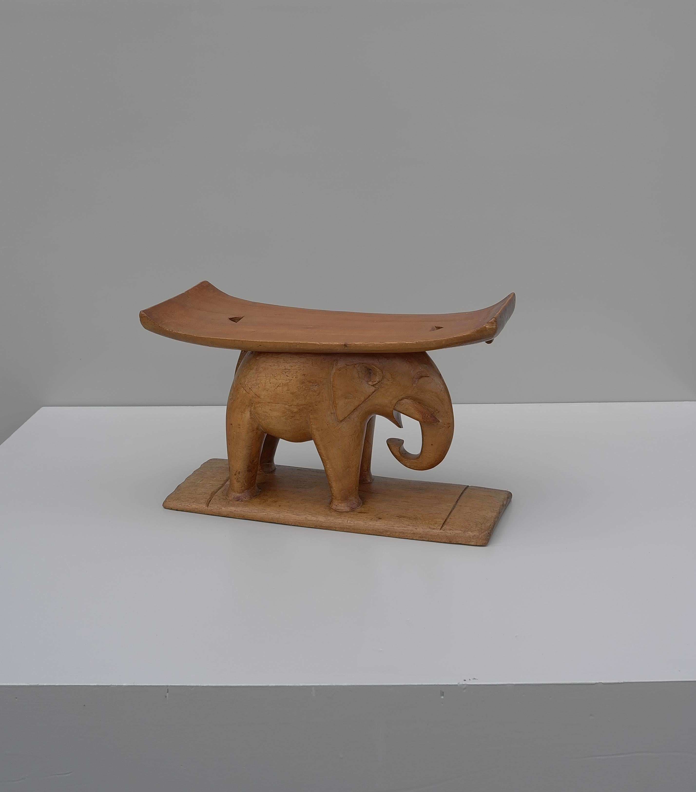 Hand-Carved Traditional Wooden Carved African Elephant Stool by the Ashanti Tribe Ghana For Sale