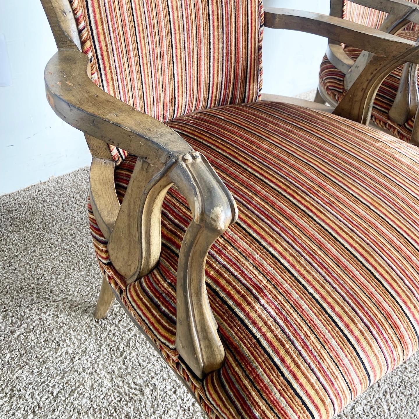 Upholstery Traditional Wooden Retro Fabric Arm Chairs - a Pair For Sale
