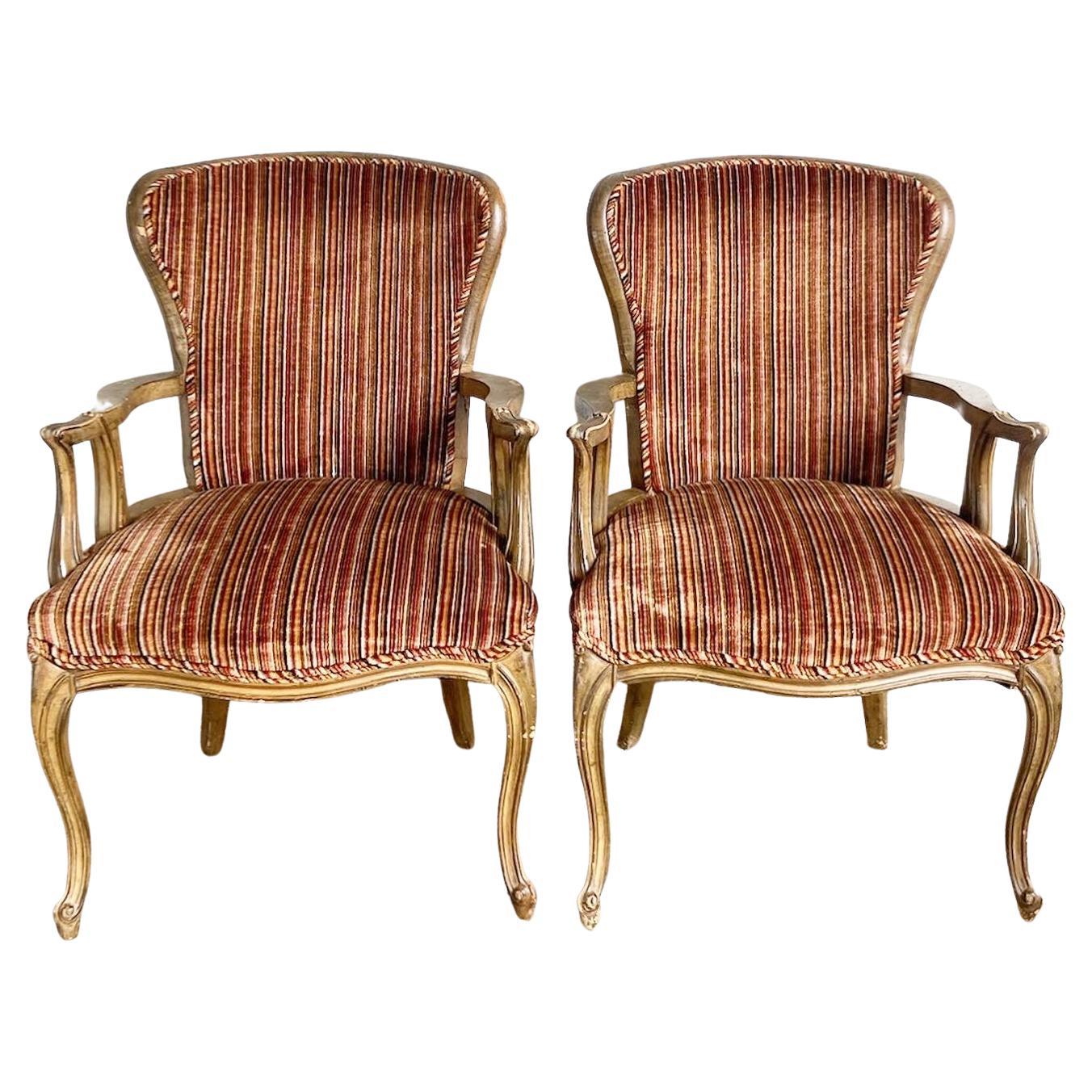 Traditional Wooden Retro Fabric Arm Chairs - a Pair For Sale