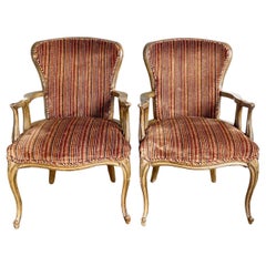Traditional Wooden Vintage Fabric Arm Chairs - a Pair