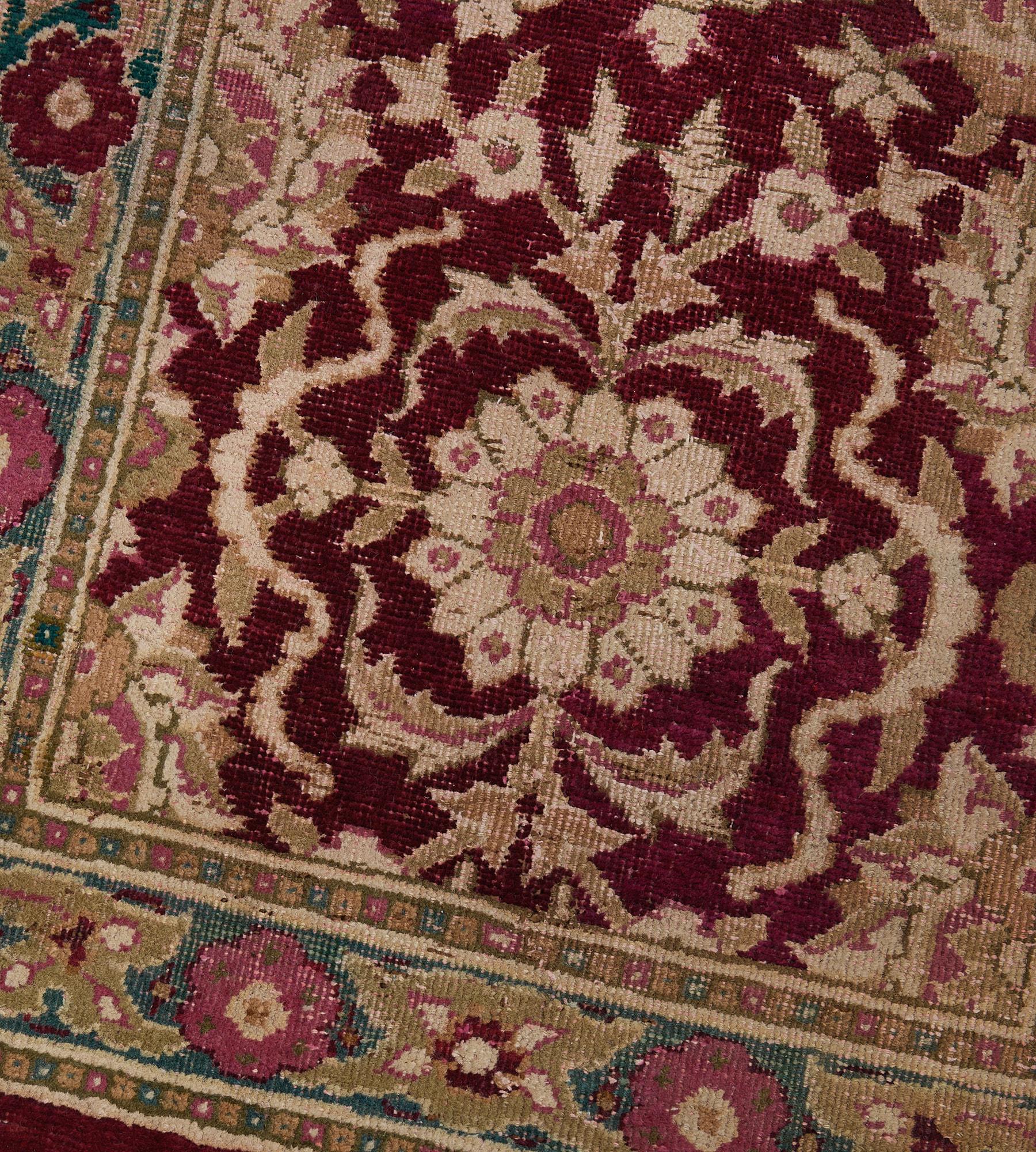 Hand-Woven Traditional Wool Antique Burgundy Floral Indian Agra Runner For Sale