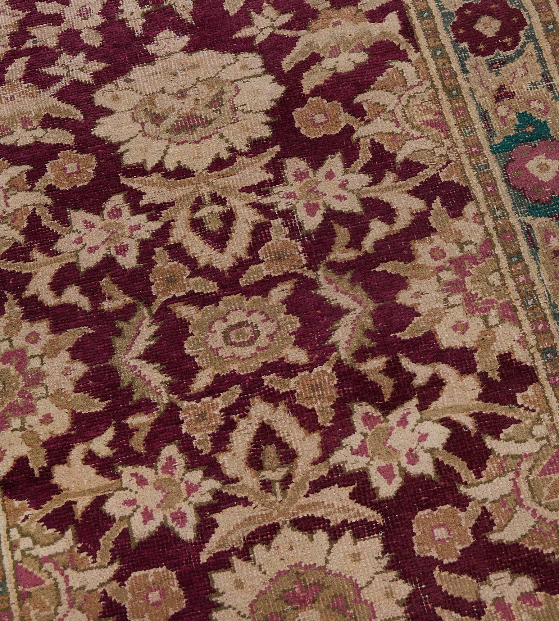 Traditional Wool Antique Burgundy Floral Indian Agra Runner In Good Condition For Sale In West Hollywood, CA