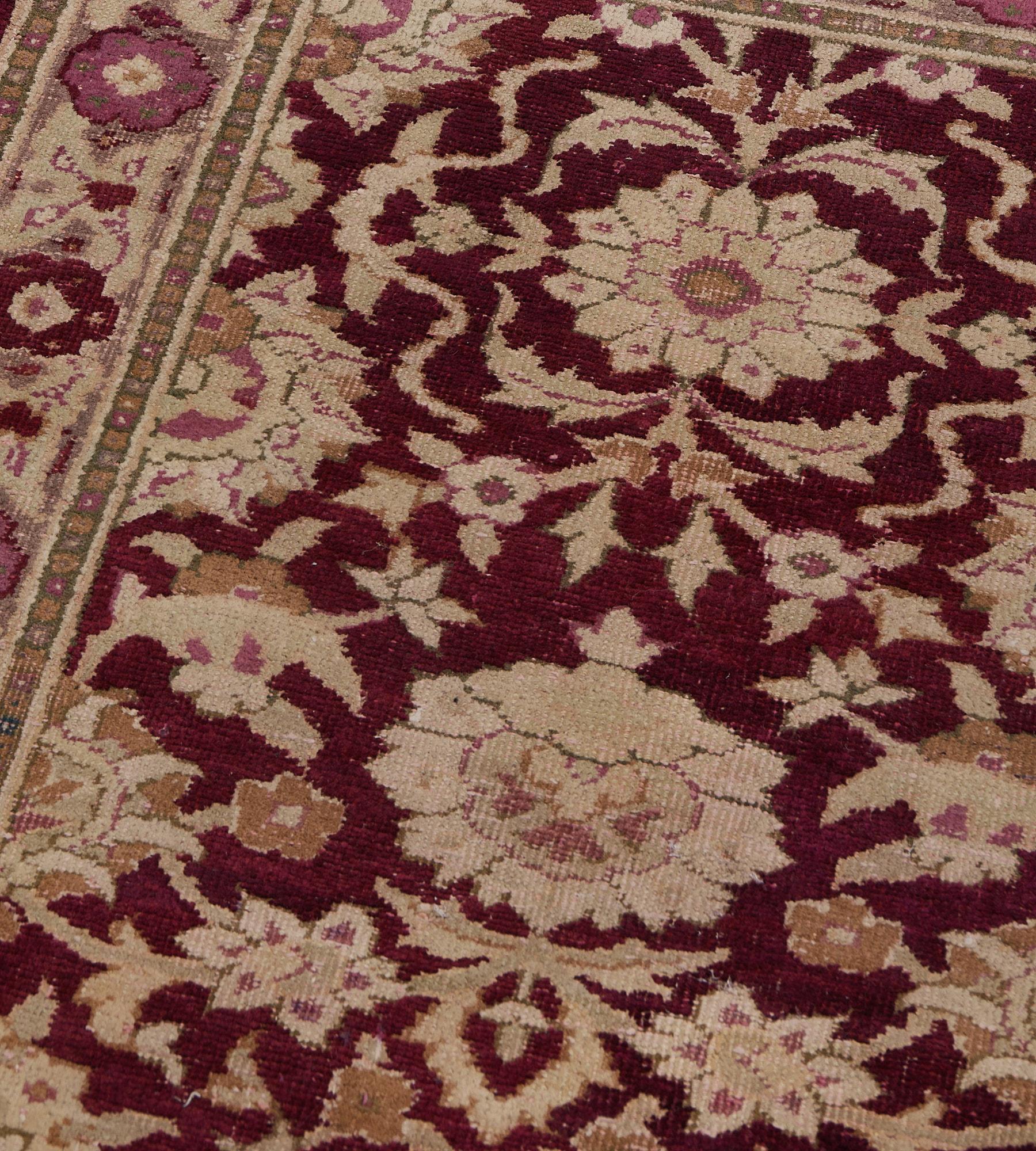 19th Century Traditional Wool Antique Burgundy Floral Indian Agra Runner For Sale