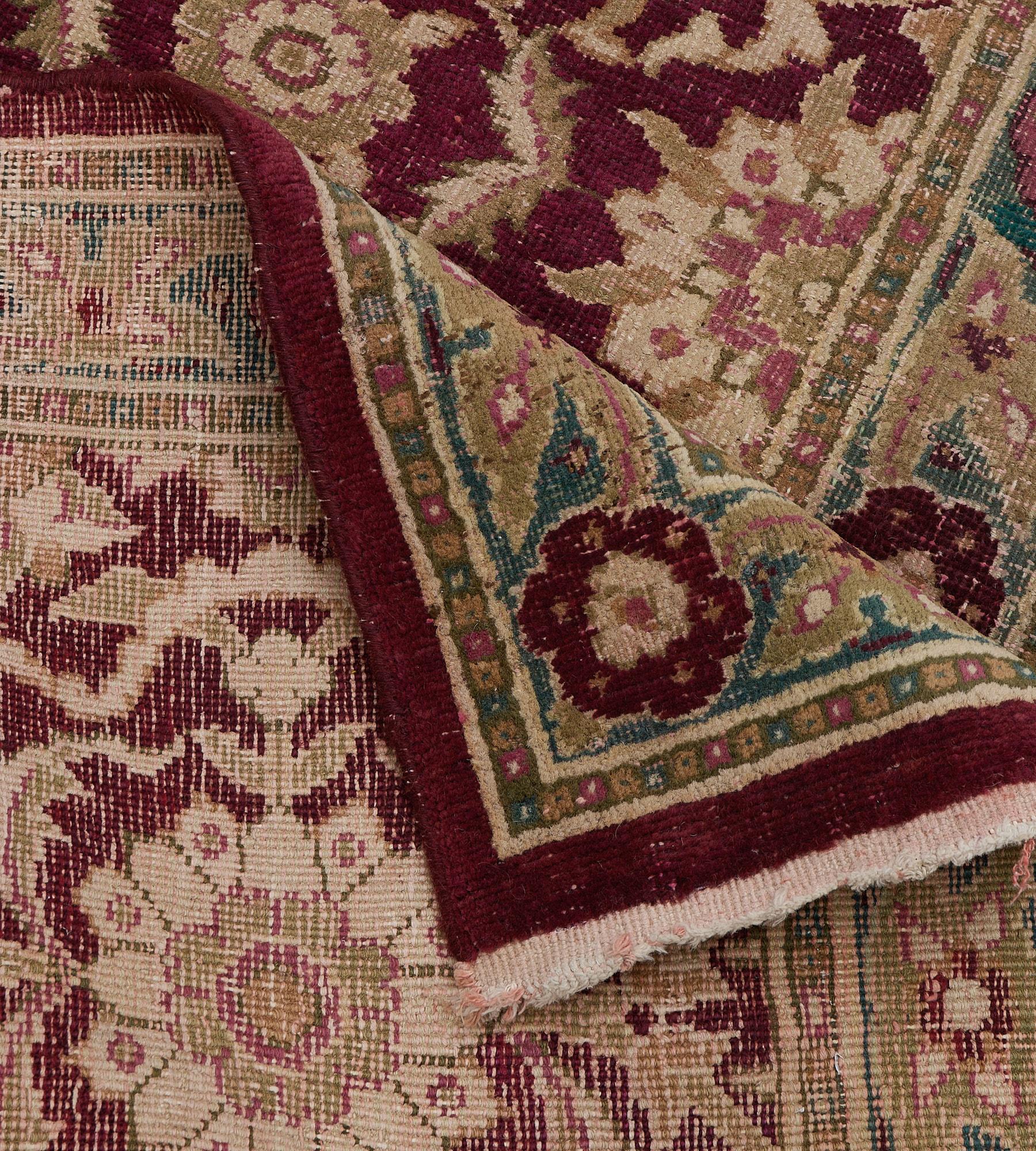 Traditional Wool Antique Burgundy Floral Indian Agra Runner For Sale 1