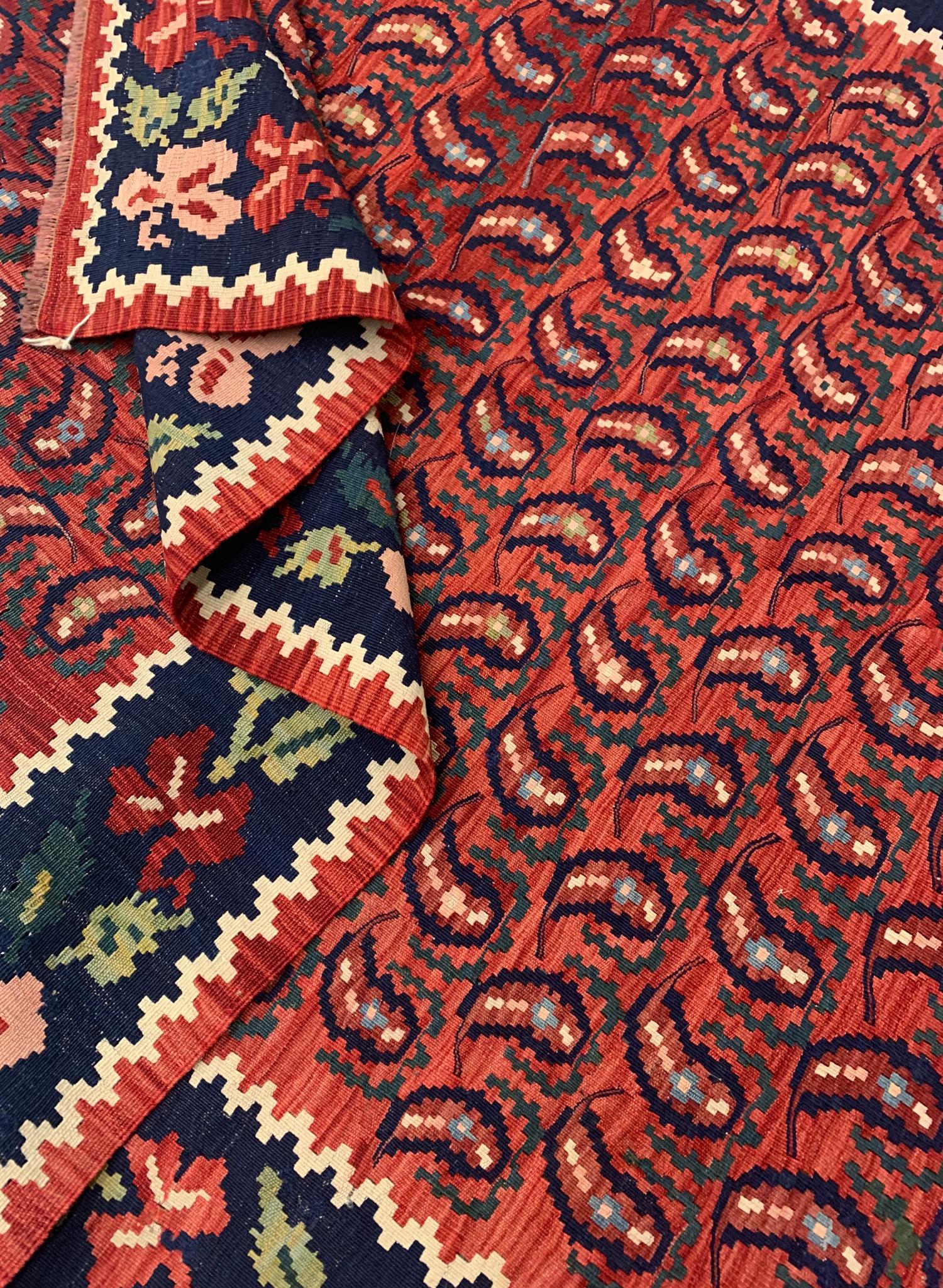 Traditional Wool Antique Carpet Caucasus Karabagh Kilim Rug For Sale 1