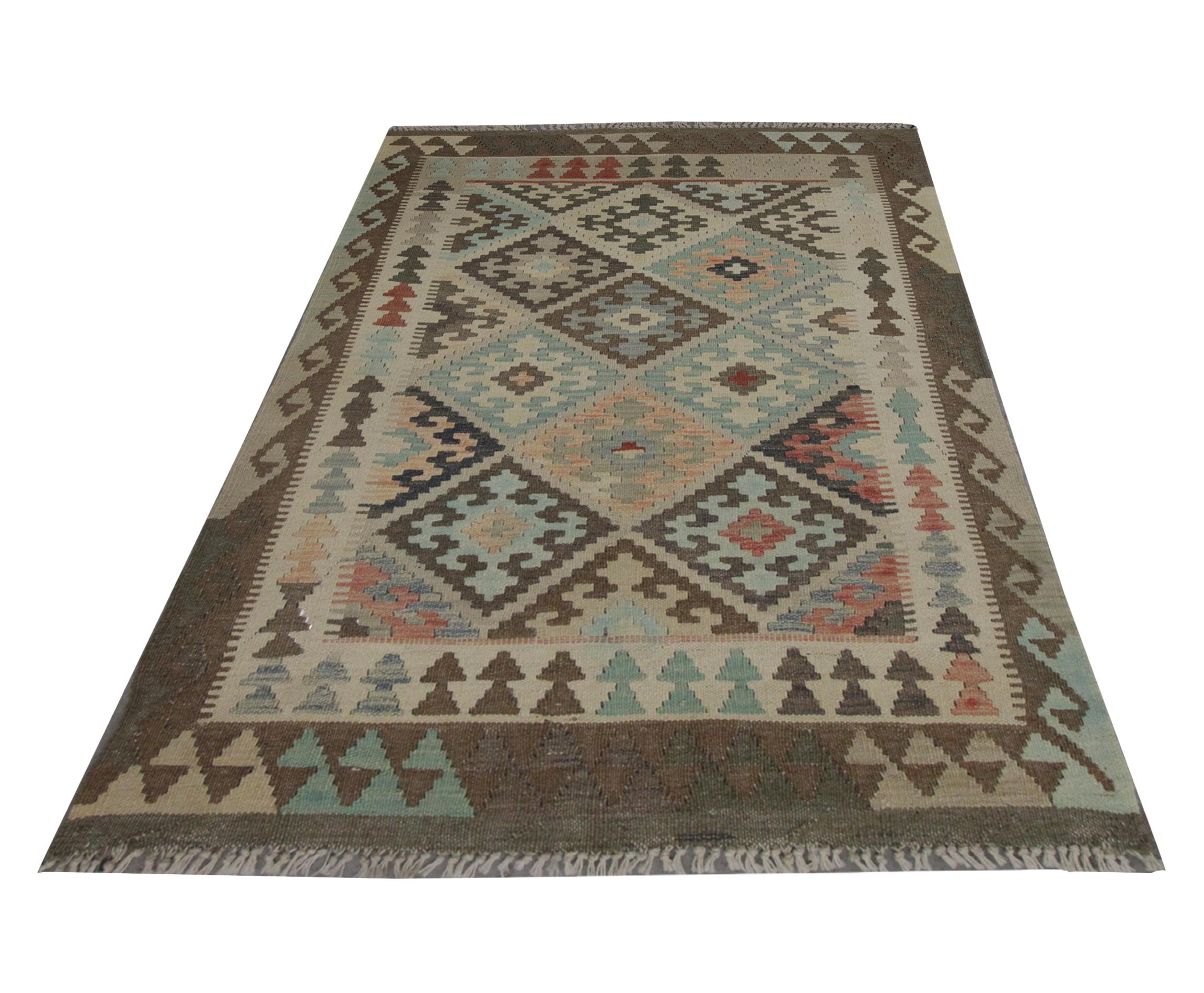 Traditioneller geometrischer moderner Teppich aus Wolle und Kelim in Grau und Braun (Handgeknüpft) im Angebot