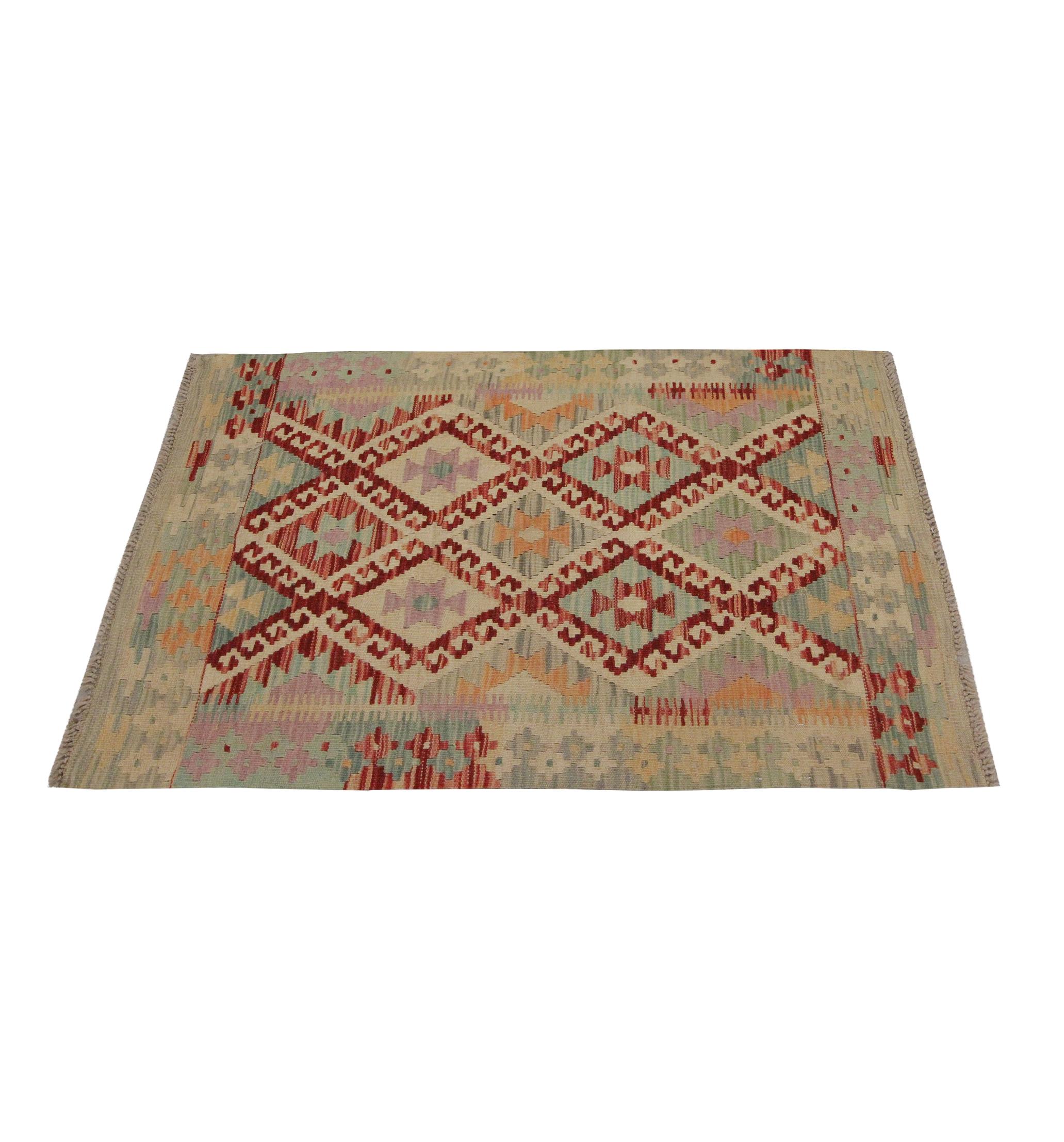 Afghan Traditional Wool Kilim Rug Cream Oriental Rug Handmade Carpet Geometric