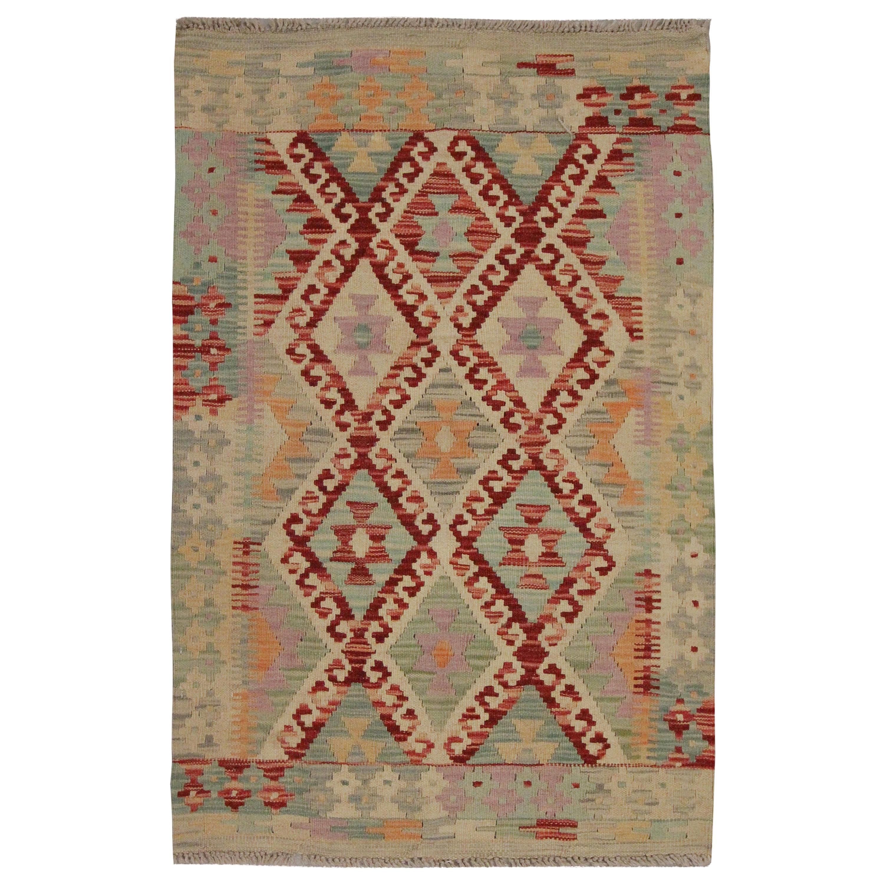 Traditional Wool Kilim Rug Cream Oriental Rug Handmade Carpet Geometric
