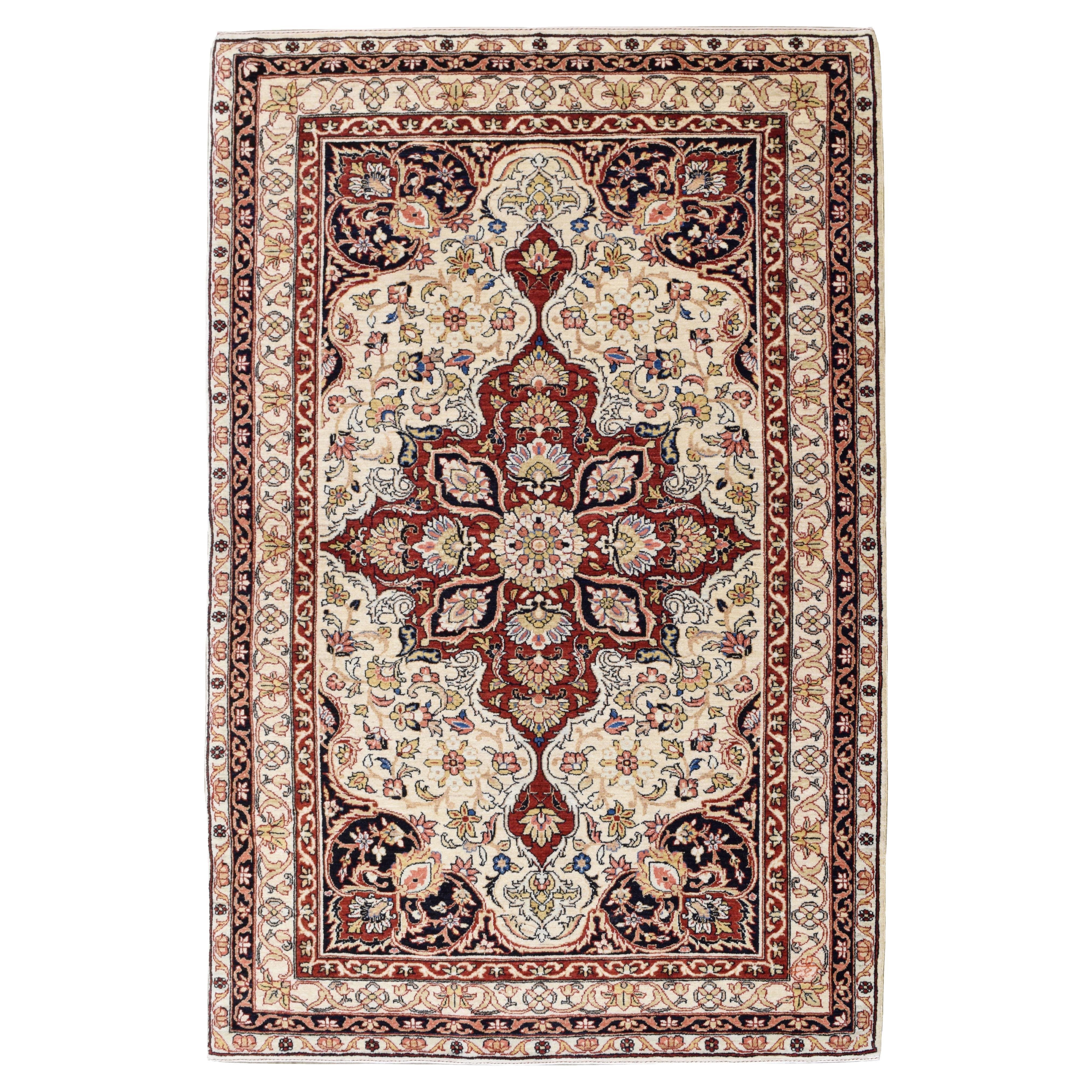 Traditional Wool Mohtasham Medallion Carpet, Red, Ivory, and Blue, 4
x 6