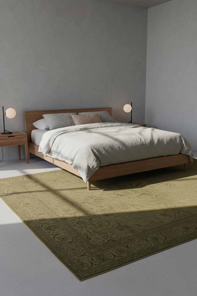 Dieser große, traditionelle Wollteppich zeigt ein dekoratives Allover-Muster in einer gedämpften, zeitlosen Farbpalette aus gedämpftem Oliv und erdigem Braun. Die gewebte Konstruktion und die mittelflorige Wolloberfläche sorgen für eine geerdete,