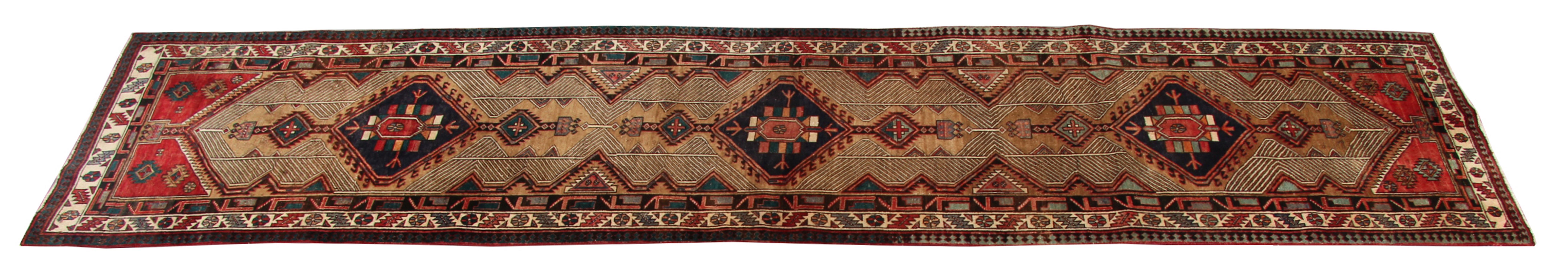 On the hunt for a new accessory to uplift your home? Then look no further! This elegant wool carpet is a fine piece woven in the mid 20th century. The design features a highly decorative tribal motif pattern woven on a beige background with broad