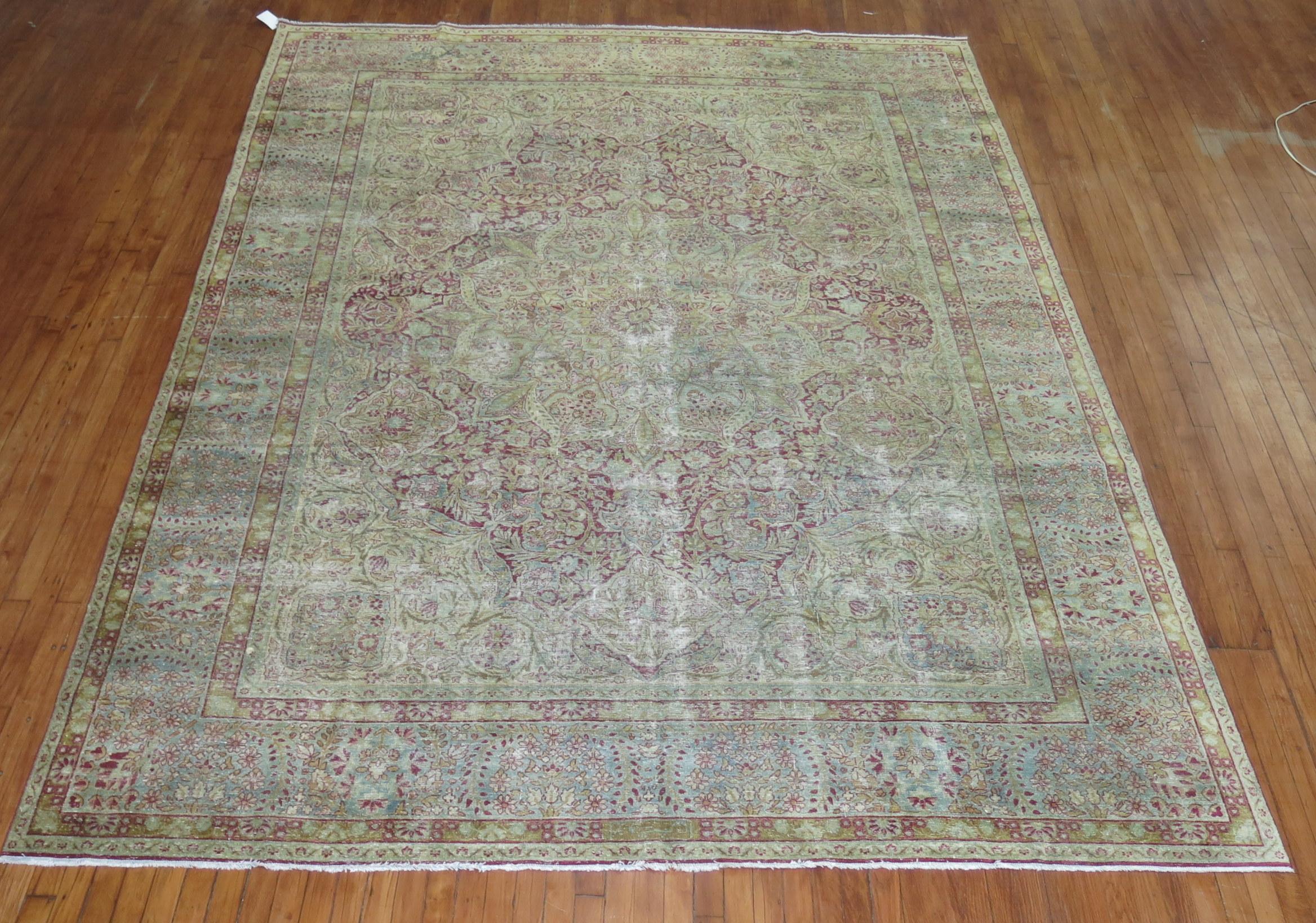 Hand-Woven Traditional Worn Persian Kerman Room Size Rug For Sale