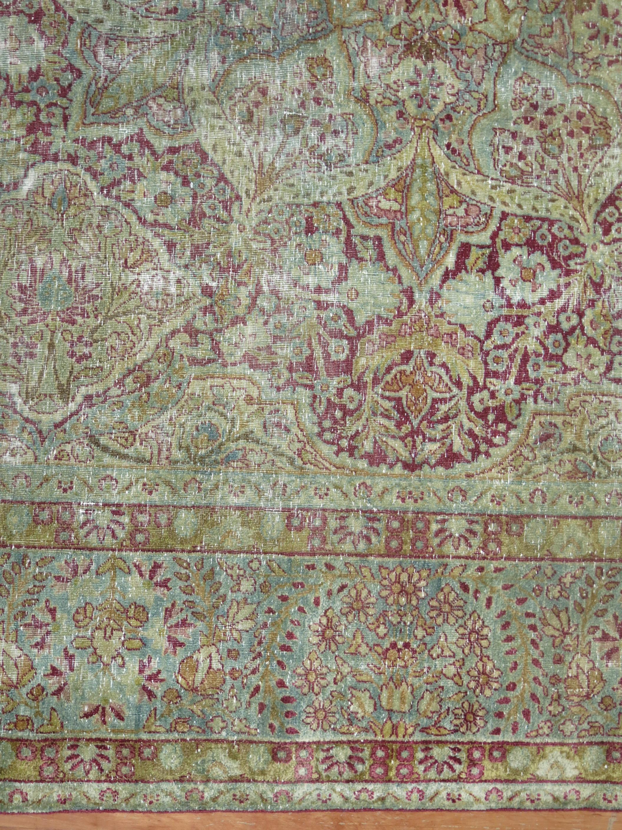 Traditional Worn Persian Kerman Room Size Rug In Distressed Condition For Sale In New York, NY