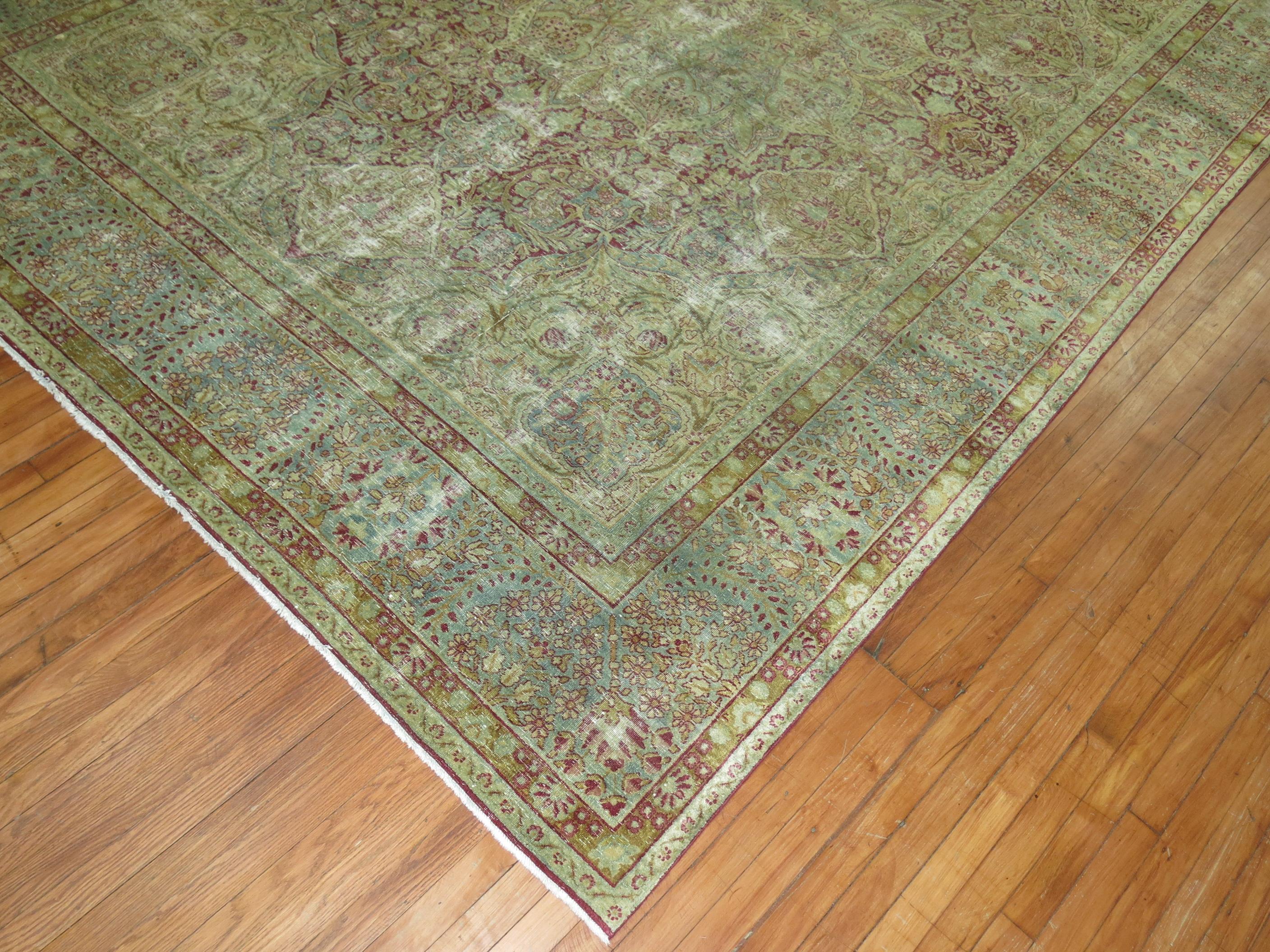 Wool Traditional Worn Persian Kerman Room Size Rug For Sale