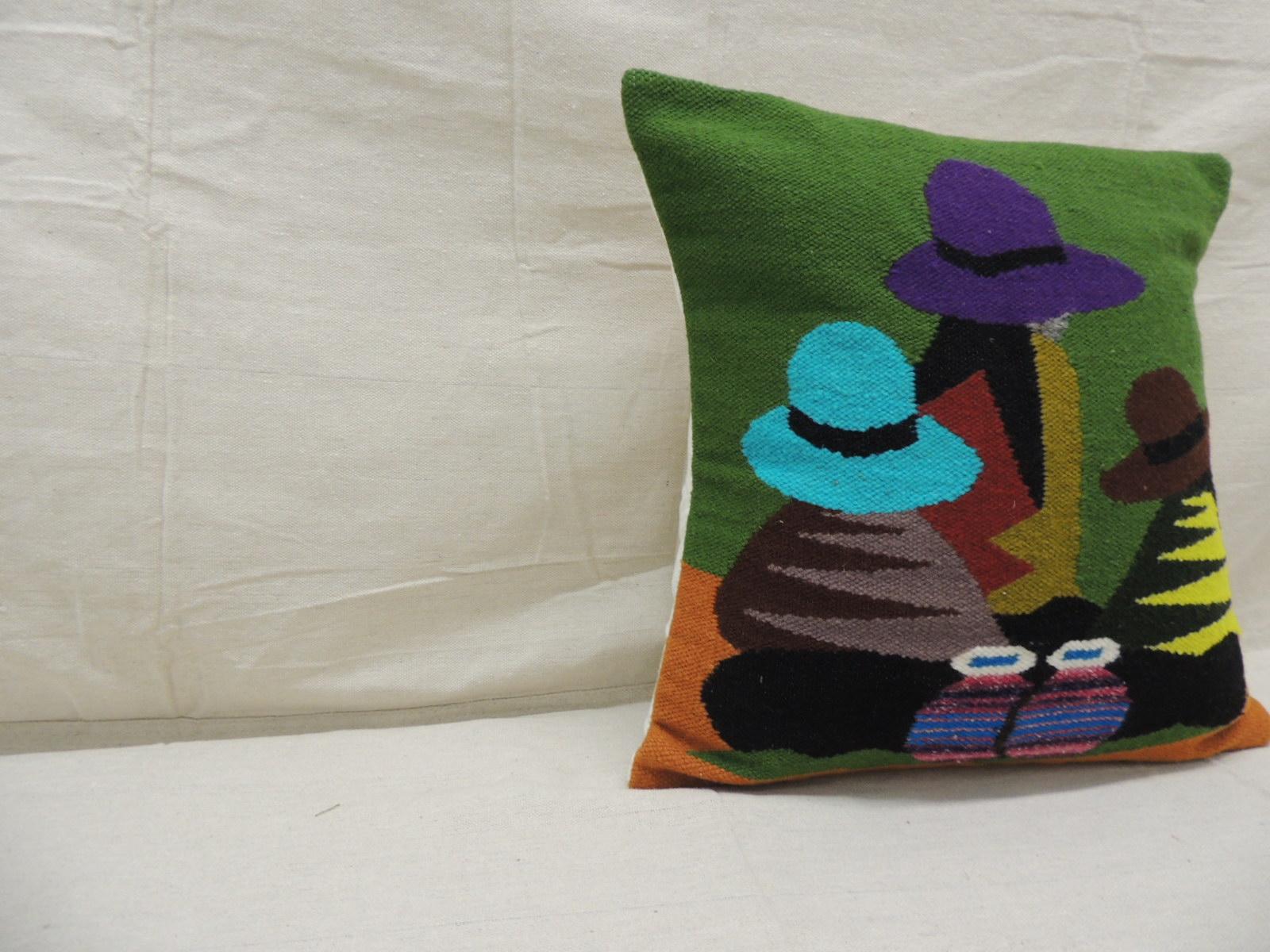 Traditional woven Ecuadorian decorative pillow.
In shades of purple, teal, green, yellow, red, blue and orange.
Decorative pillow handcrafted and designed in the USA. 
Closure slip-on with custom made pillow insert.
Size: 15